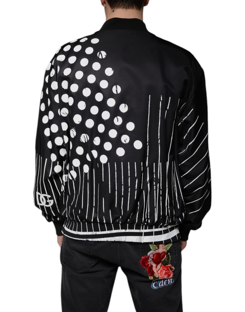 Dolce & Gabbana Black Nylon Bomber Jacket with Polka Dot Stripe