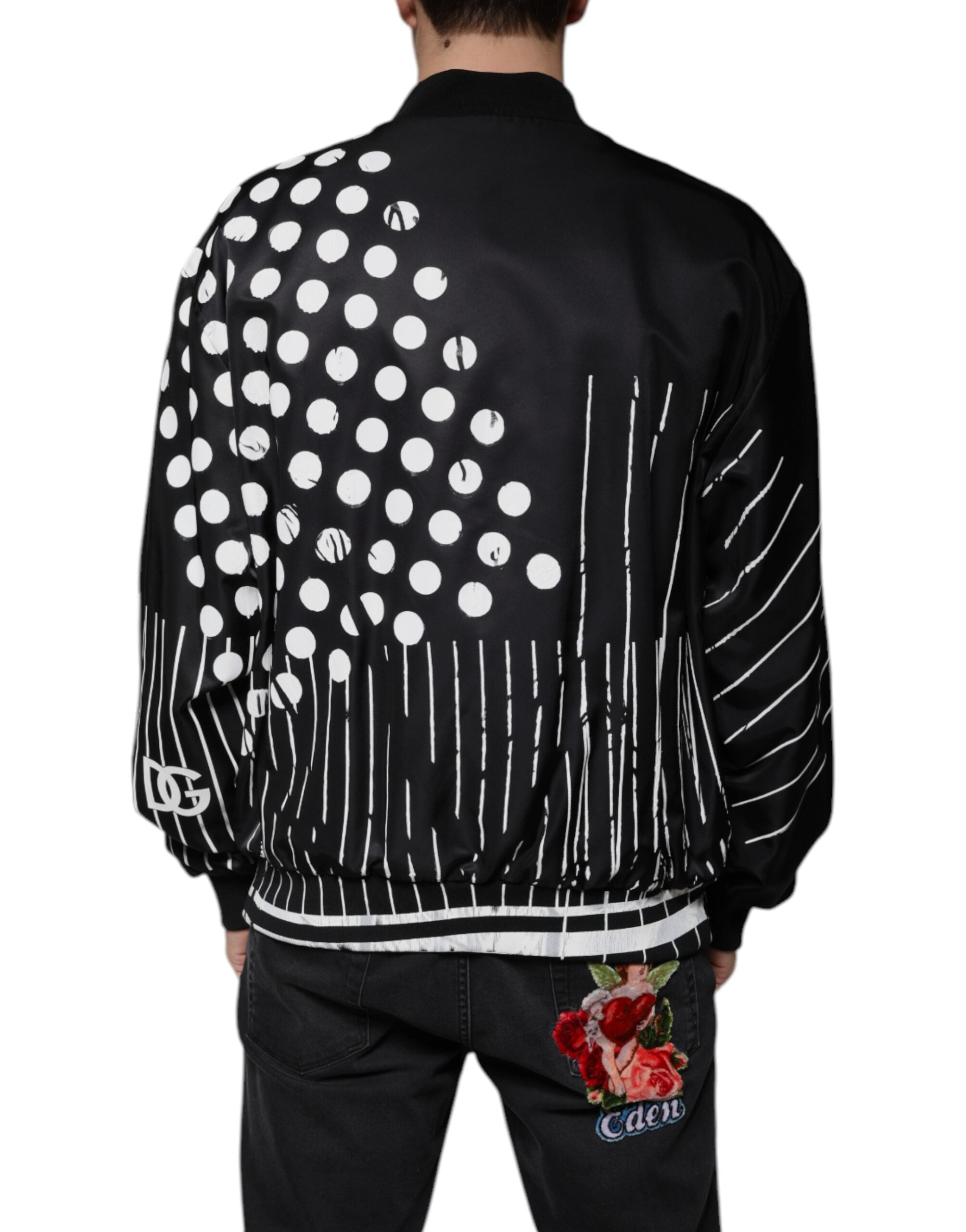 Dolce & Gabbana Black Nylon Bomber Jacket with Polka Dot Stripe