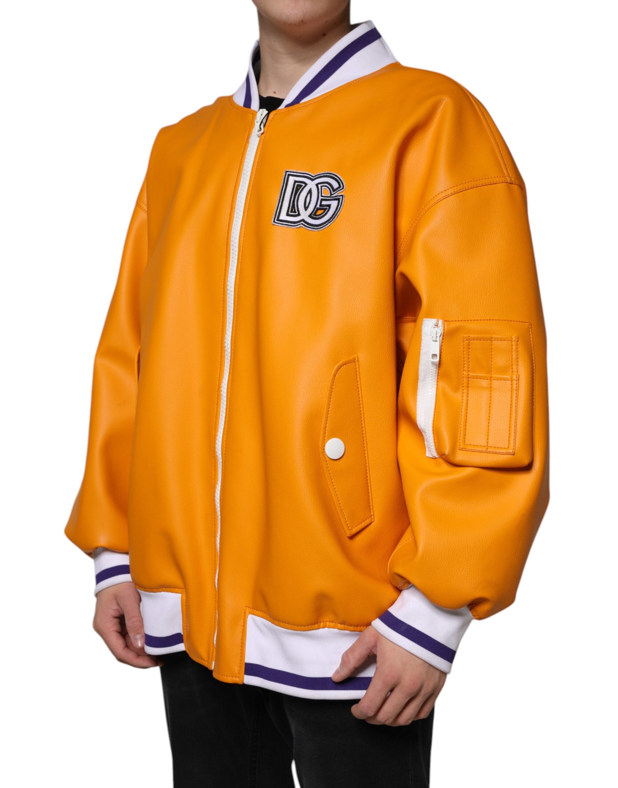 Dolce & Gabbana Orange and White Zip-Up Jersey Bomber Jacket