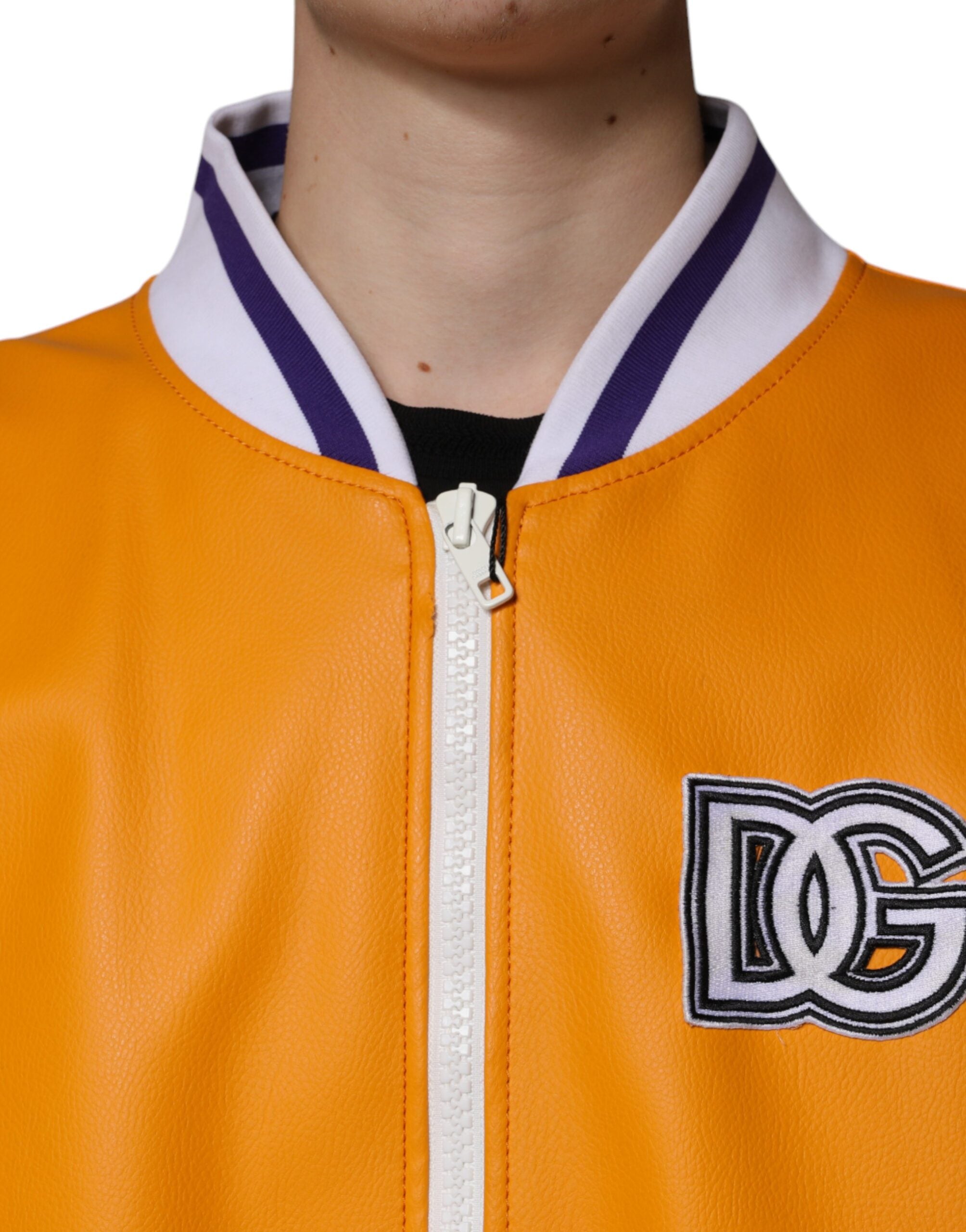 Dolce & Gabbana Orange and White Zip-Up Jersey Bomber Jacket
