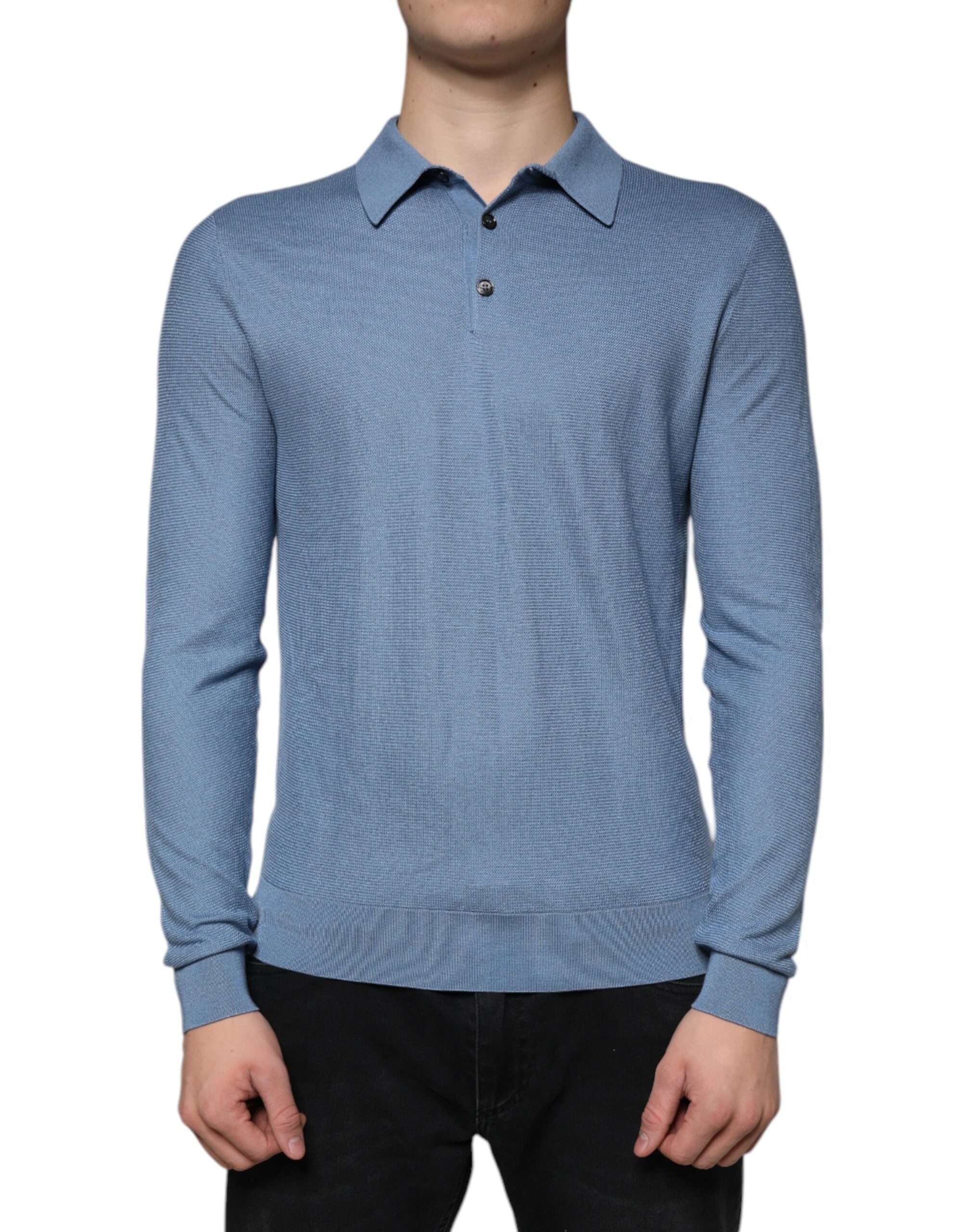 Dolce & Gabbana Men's Sky Blue Sweater with Silk Collar