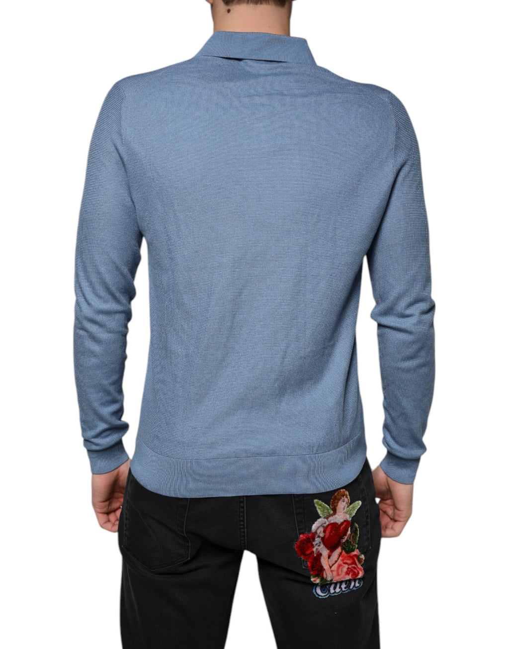 Dolce & Gabbana Men's Sky Blue Sweater with Silk Collar