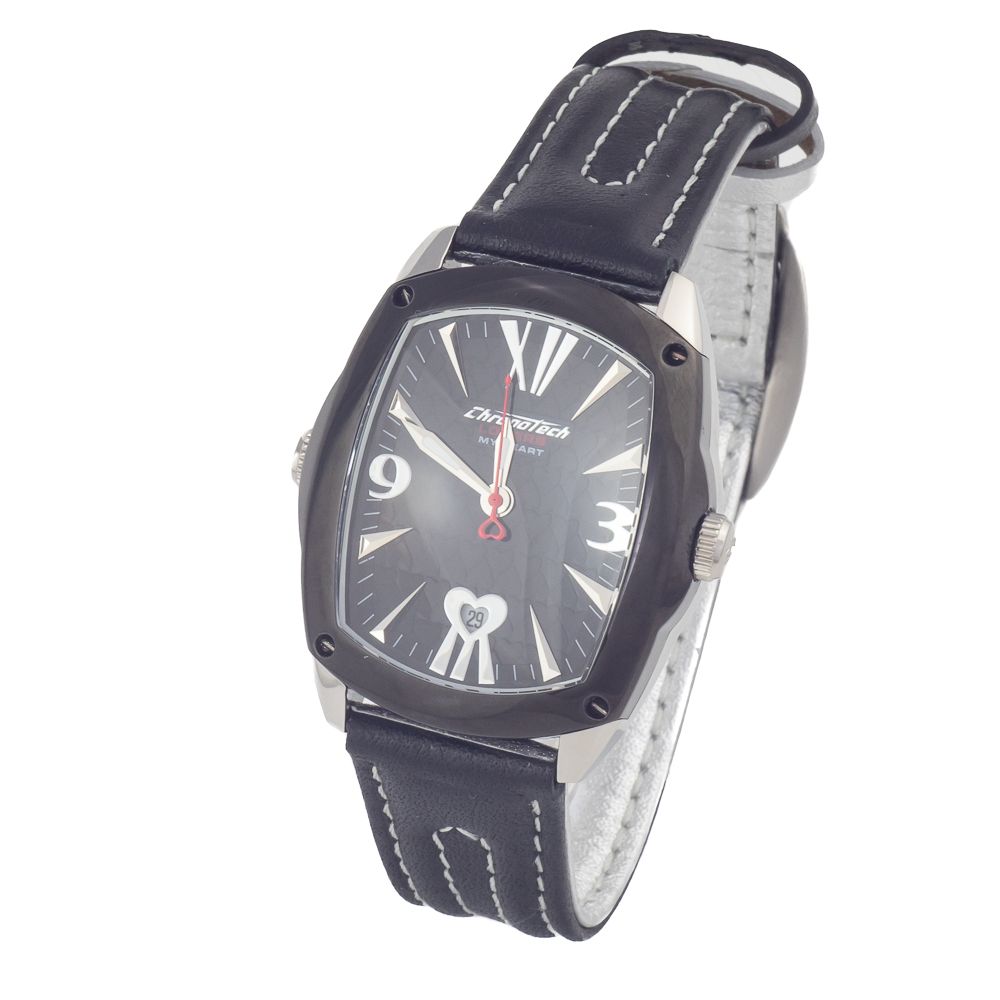 Chronotech Schwarze Lederkleid-Uhr