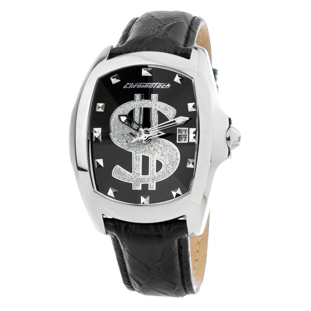 Chronotech Schwarze Lederkleid-Uhr