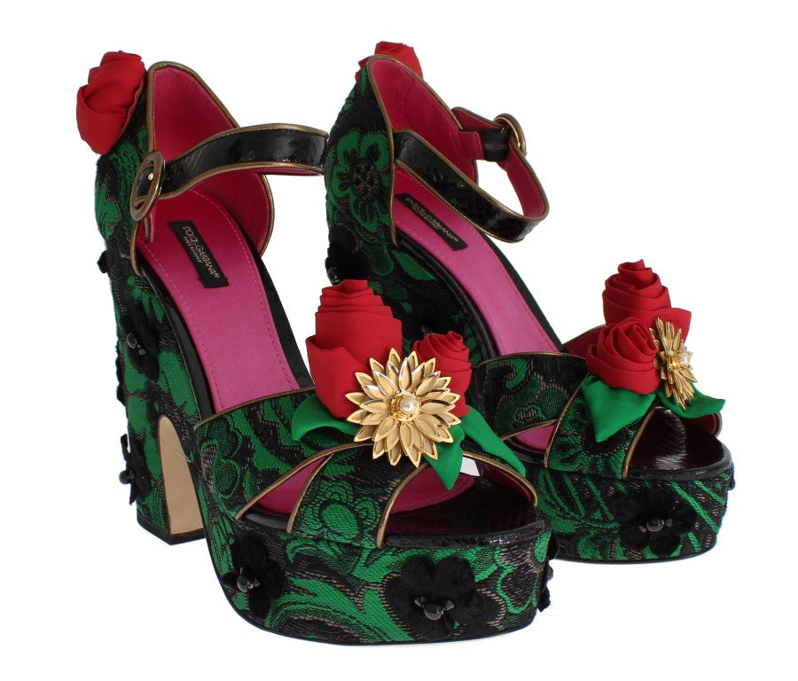 Dolce & Gabbana Green Brocade Snakeskin Rose Crystal Shoes
