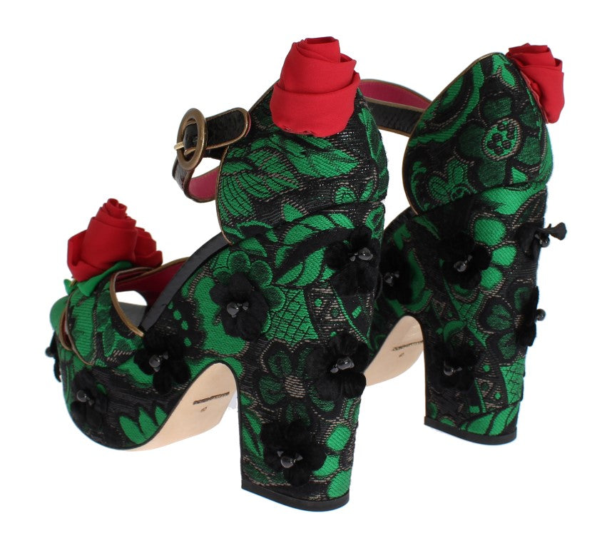 Dolce & Gabbana Green Brocade Snakeskin Rose Crystal Shoes
