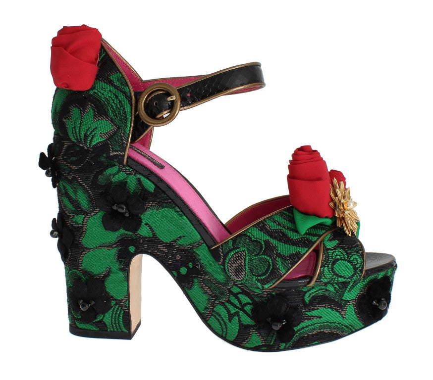 Dolce & Gabbana Green Brocade Snakeskin Rose Crystal Shoes