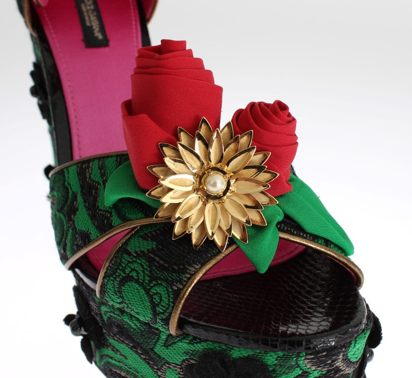 Dolce & Gabbana Green Brocade Snakeskin Rose Crystal Shoes
