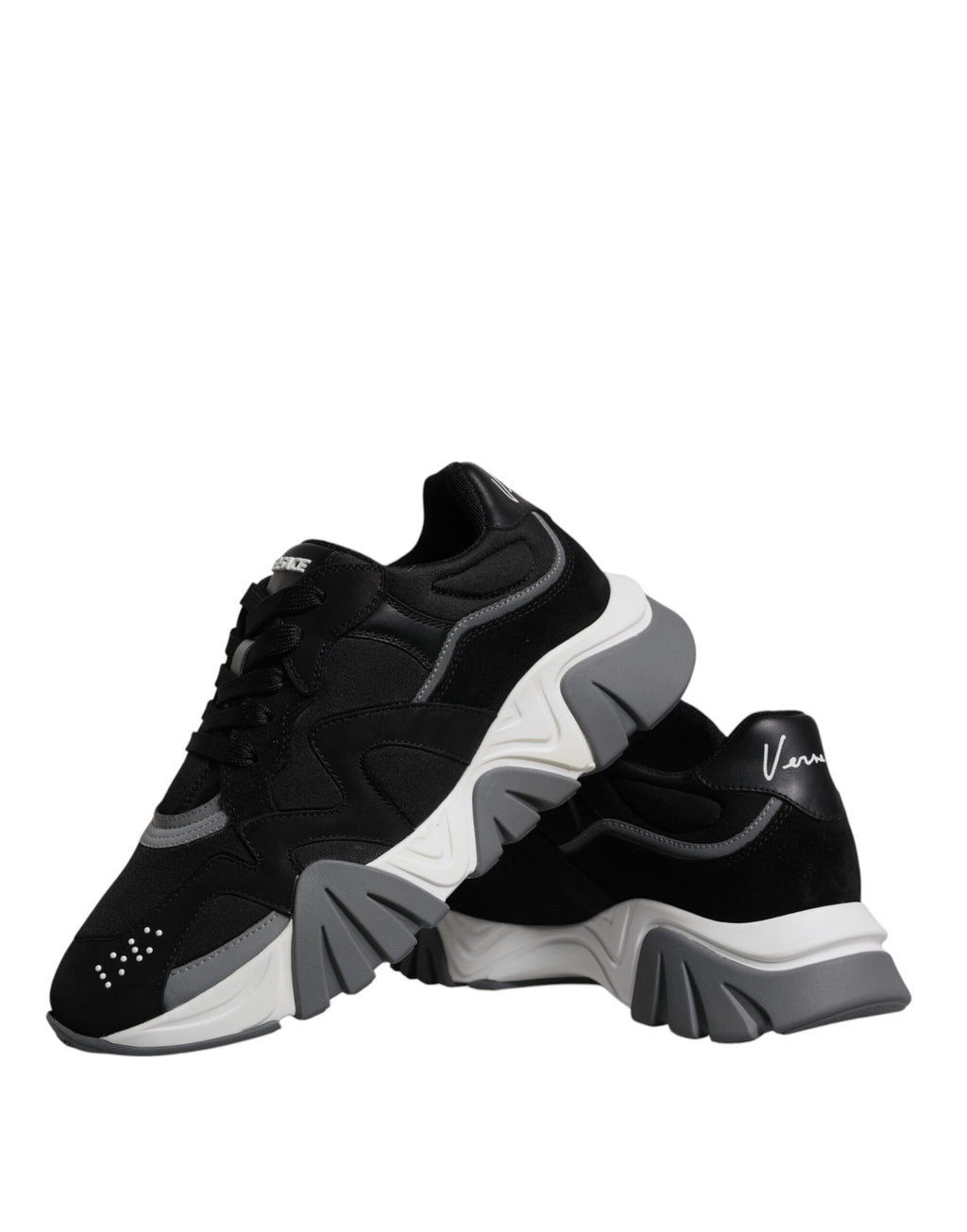 Versace Black Leather Neoprene Chunky Low Top Squalo Sneakers Shoes