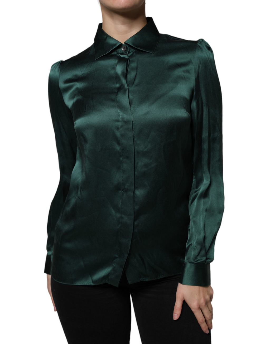 Dolce & Gabbana Dark Green Silk Blouse Top with Long Sleeves and Button Placket