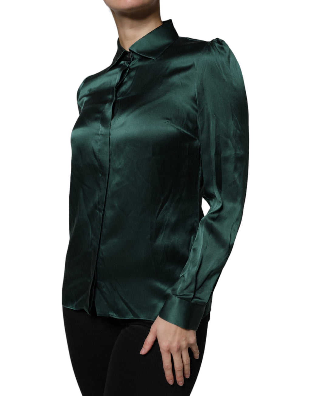 Dolce & Gabbana Dark Green Silk Blouse Top with Long Sleeves and Button Placket