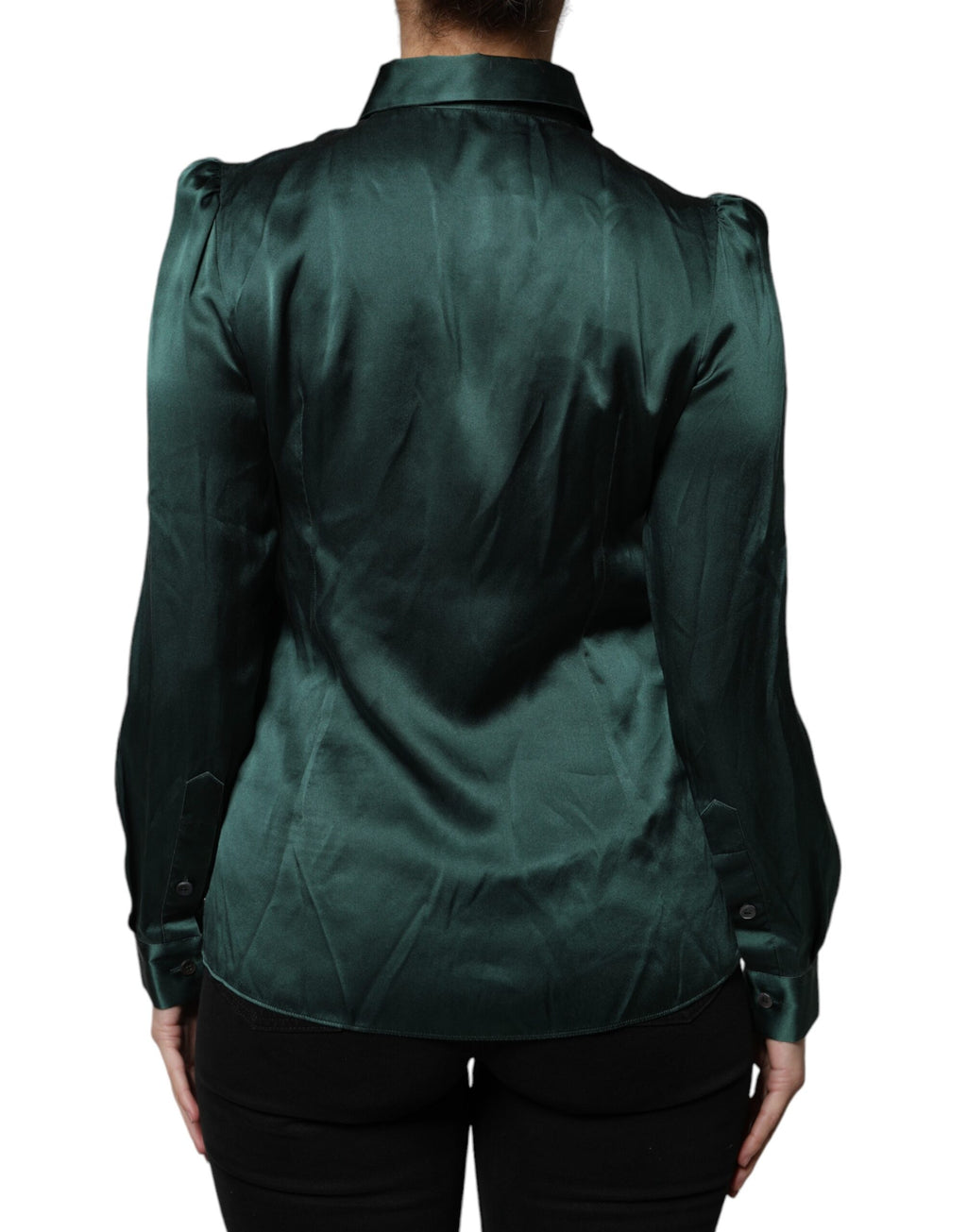 Dolce & Gabbana Dark Green Silk Blouse Top with Long Sleeves and Button Placket