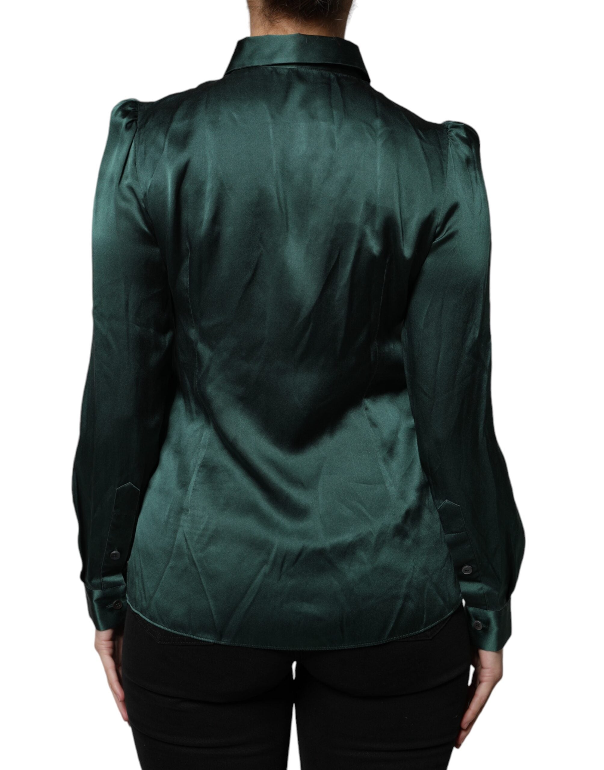 Dolce & Gabbana Dark Green Silk Blouse Top with Long Sleeves and Button Placket