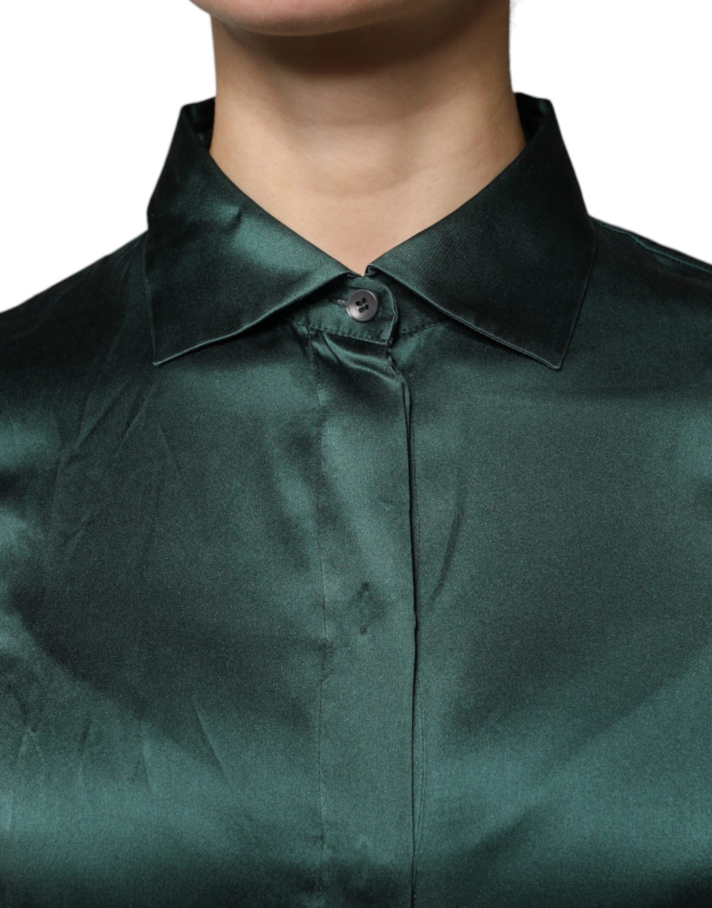 Dolce & Gabbana Dark Green Silk Blouse Top with Long Sleeves and Button Placket