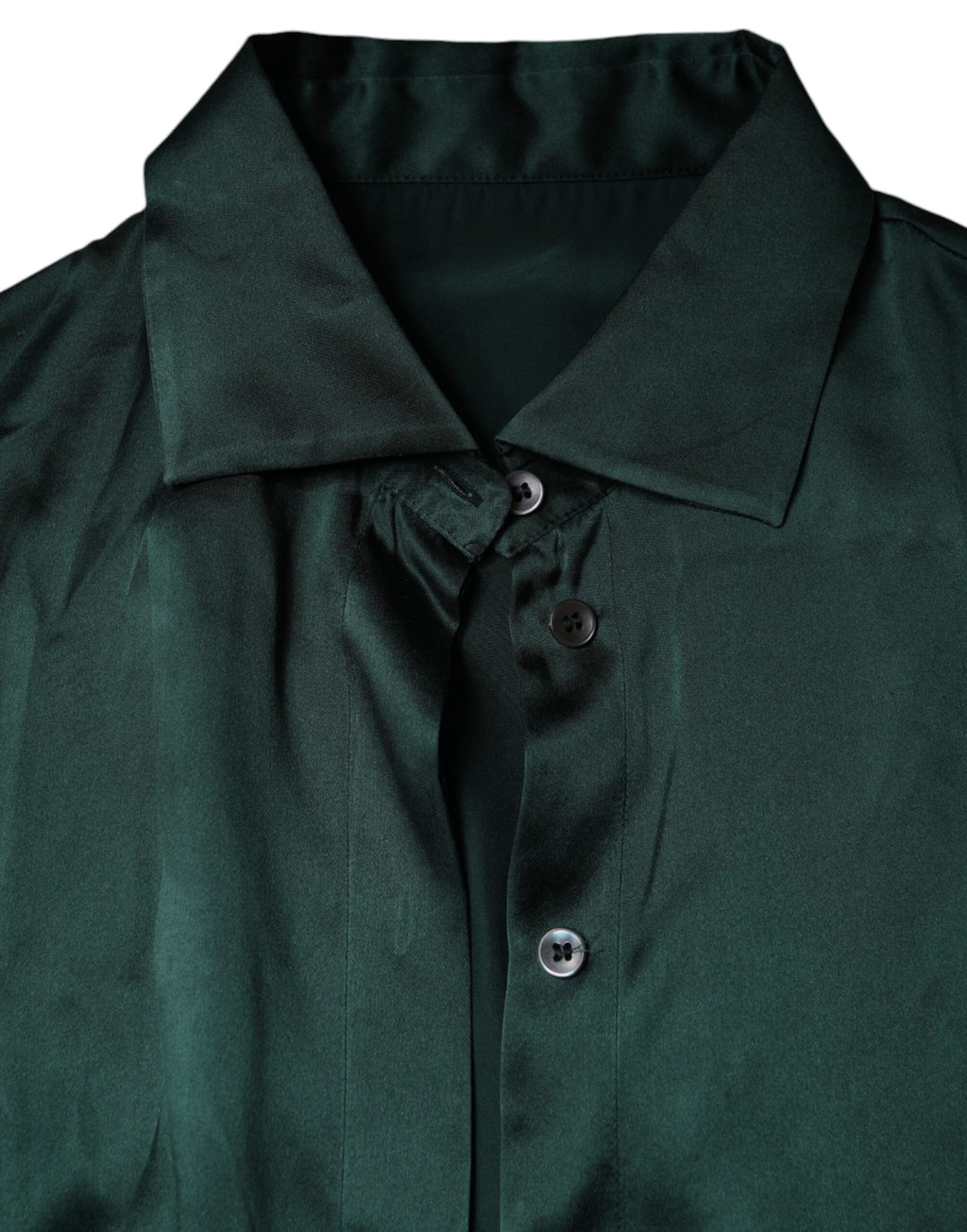 Dolce & Gabbana Dark Green Silk Blouse Top with Long Sleeves and Button Placket