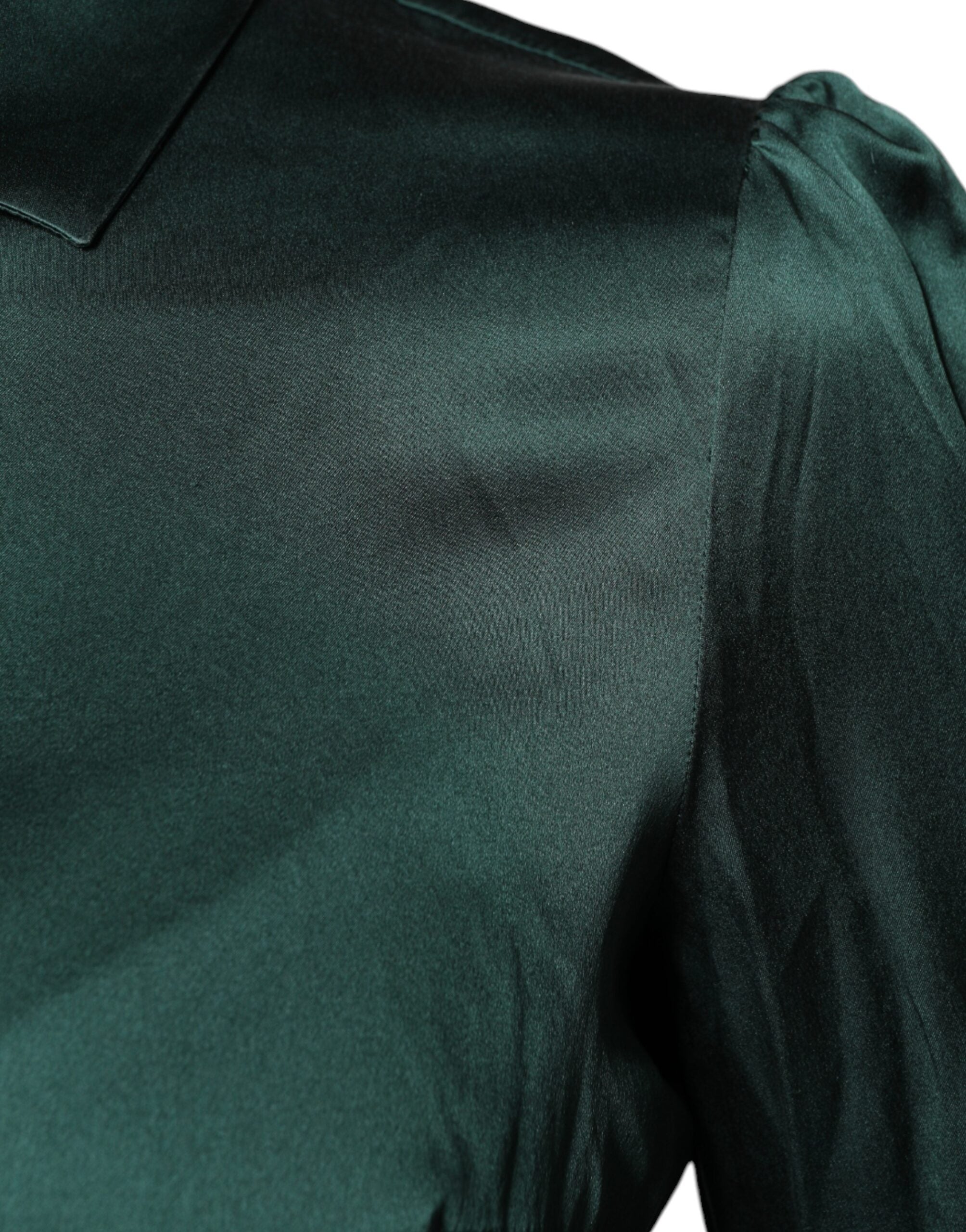 Dolce & Gabbana Dark Green Silk Blouse Top with Long Sleeves and Button Placket