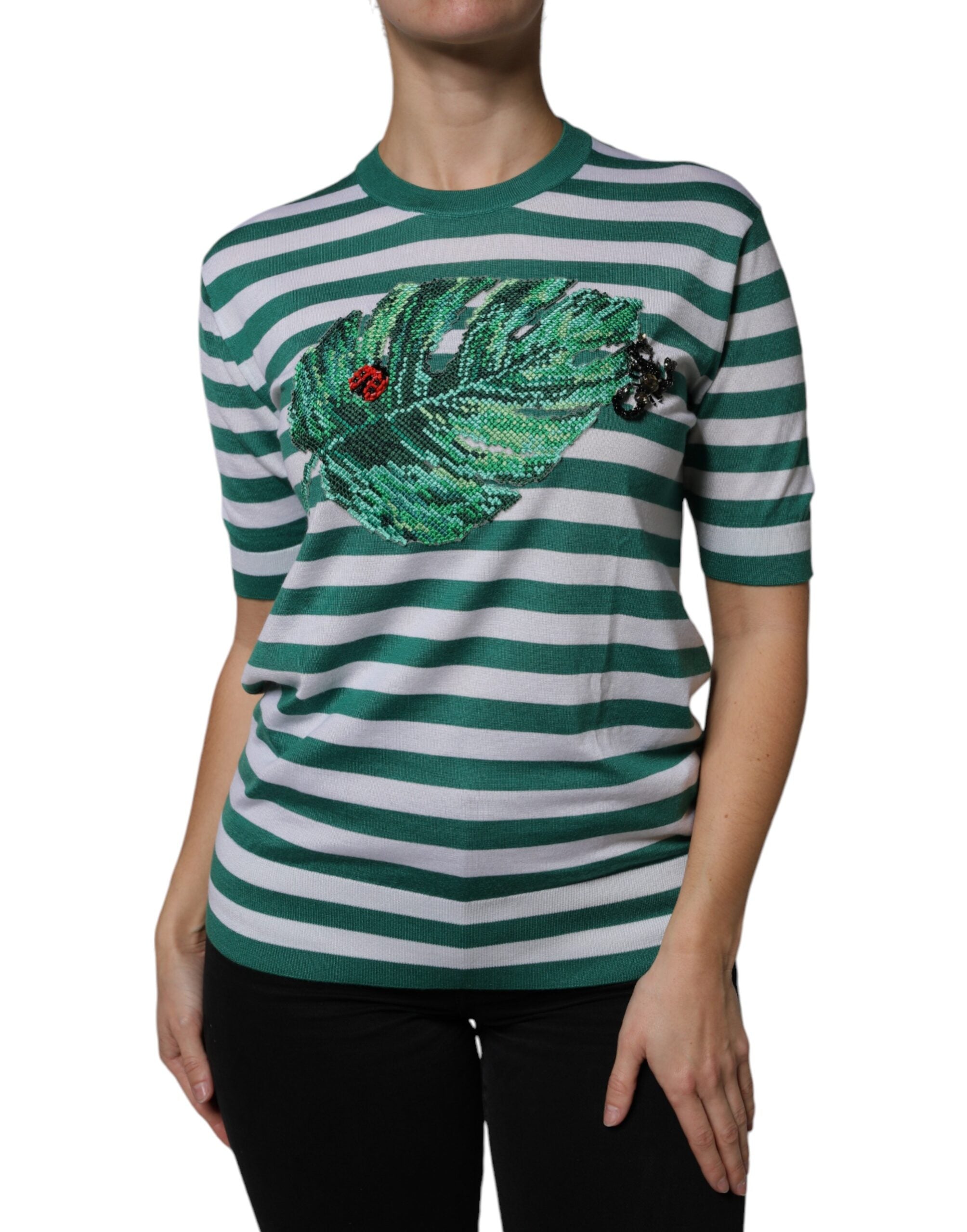 Dolce & Gabbana White Green Stripe Leaf Crew Neck T-Shirt