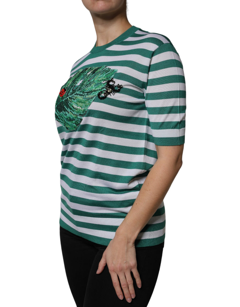 Dolce & Gabbana White Green Stripe Leaf Crew Neck T-Shirt