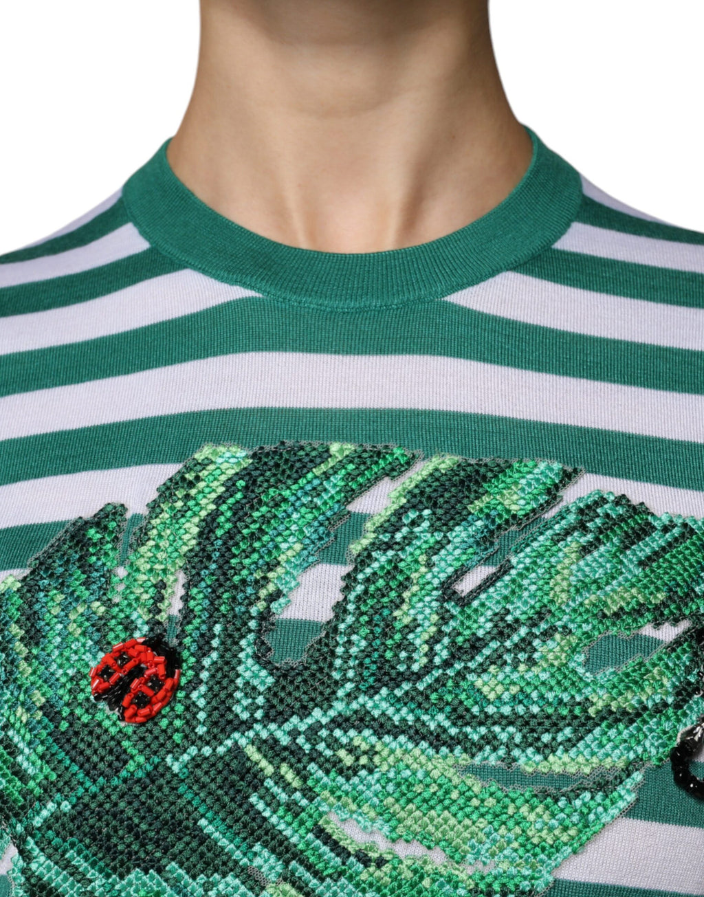 Dolce & Gabbana White Green Stripe Leaf Crew Neck T-Shirt
