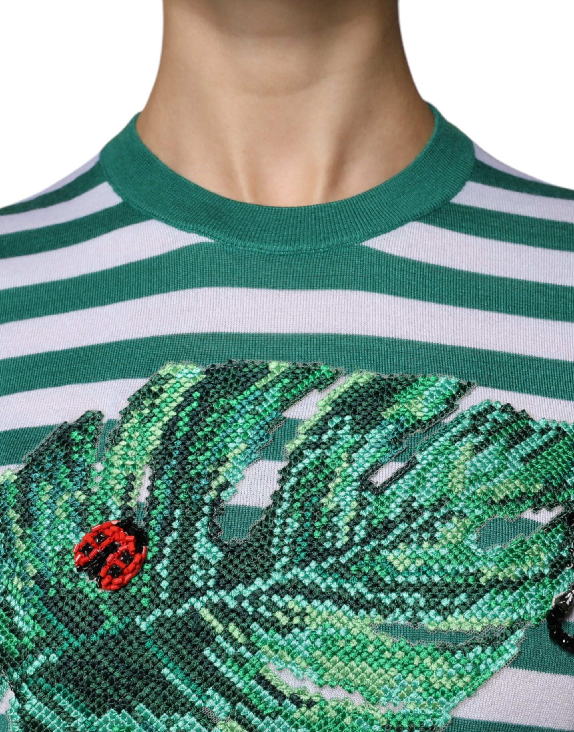 Dolce & Gabbana White Green Stripe Leaf Crew Neck T-Shirt