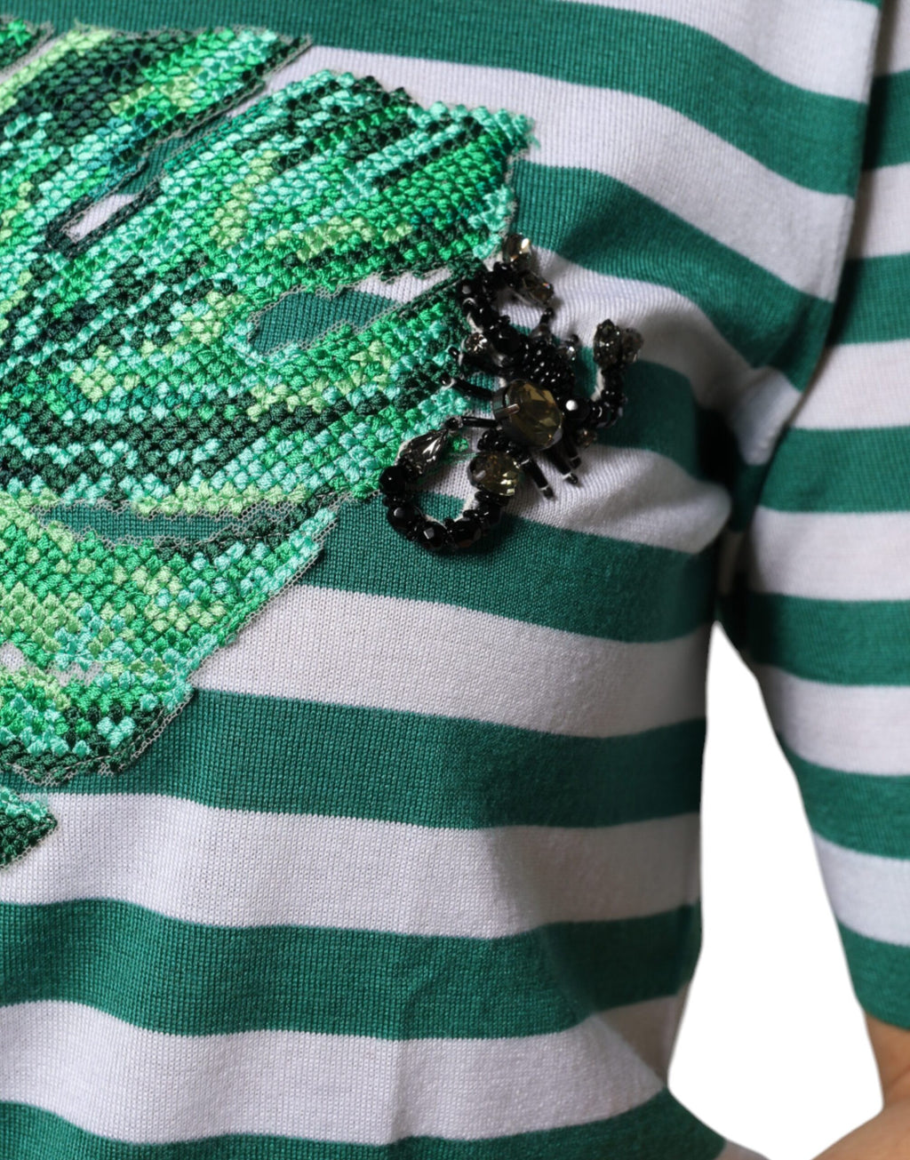 Dolce & Gabbana White Green Stripe Leaf Crew Neck T-Shirt