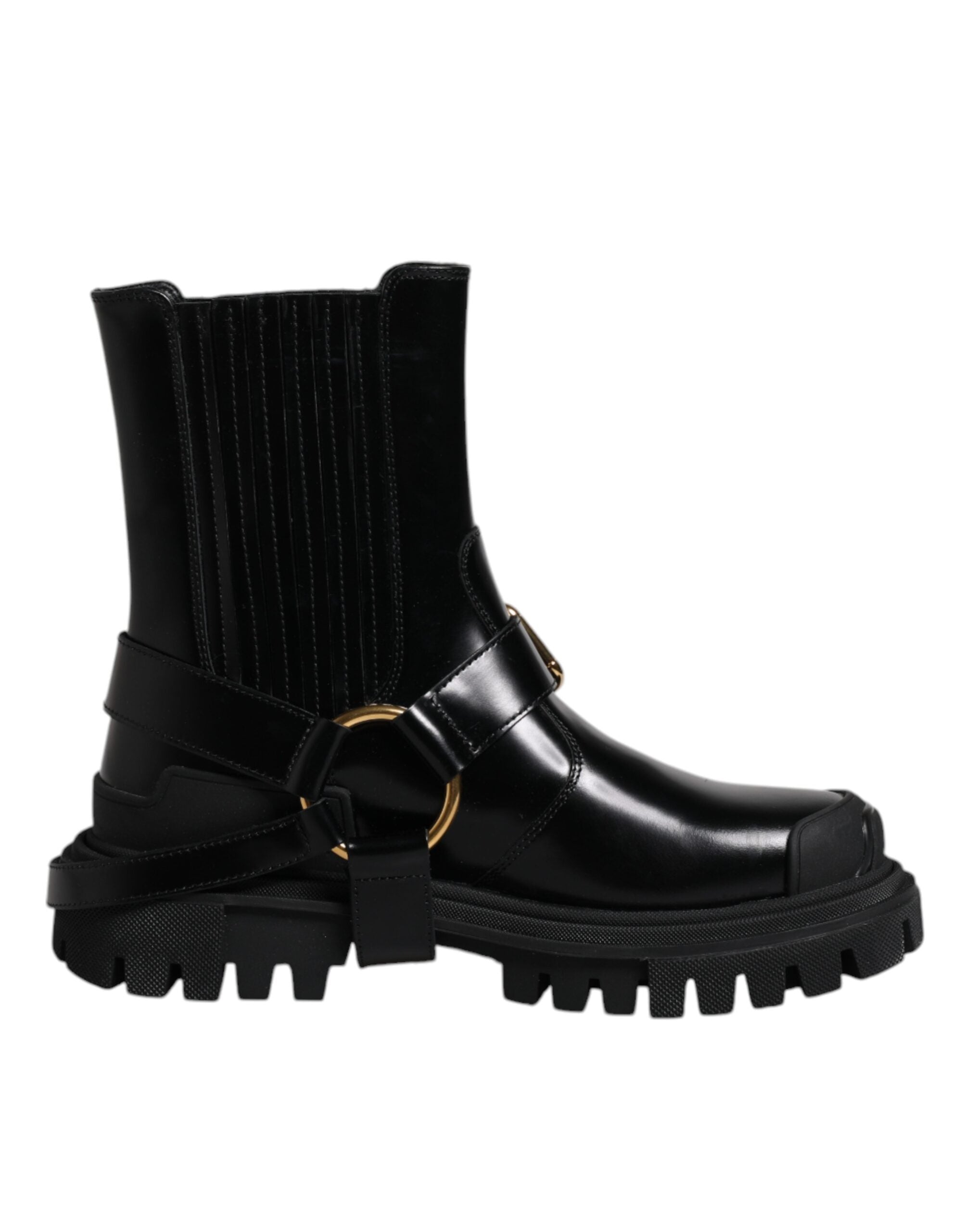 Dolce & Gabbana Schwarz Leder Slip On Stretch Trekking Stiefel Schuhe