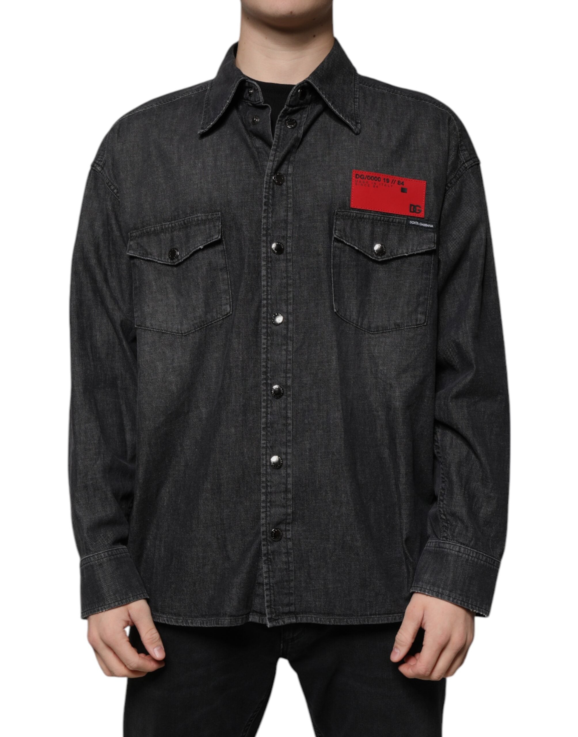 Dolce & Gabbana Black Logo Cotton Shirt with Denim Placket