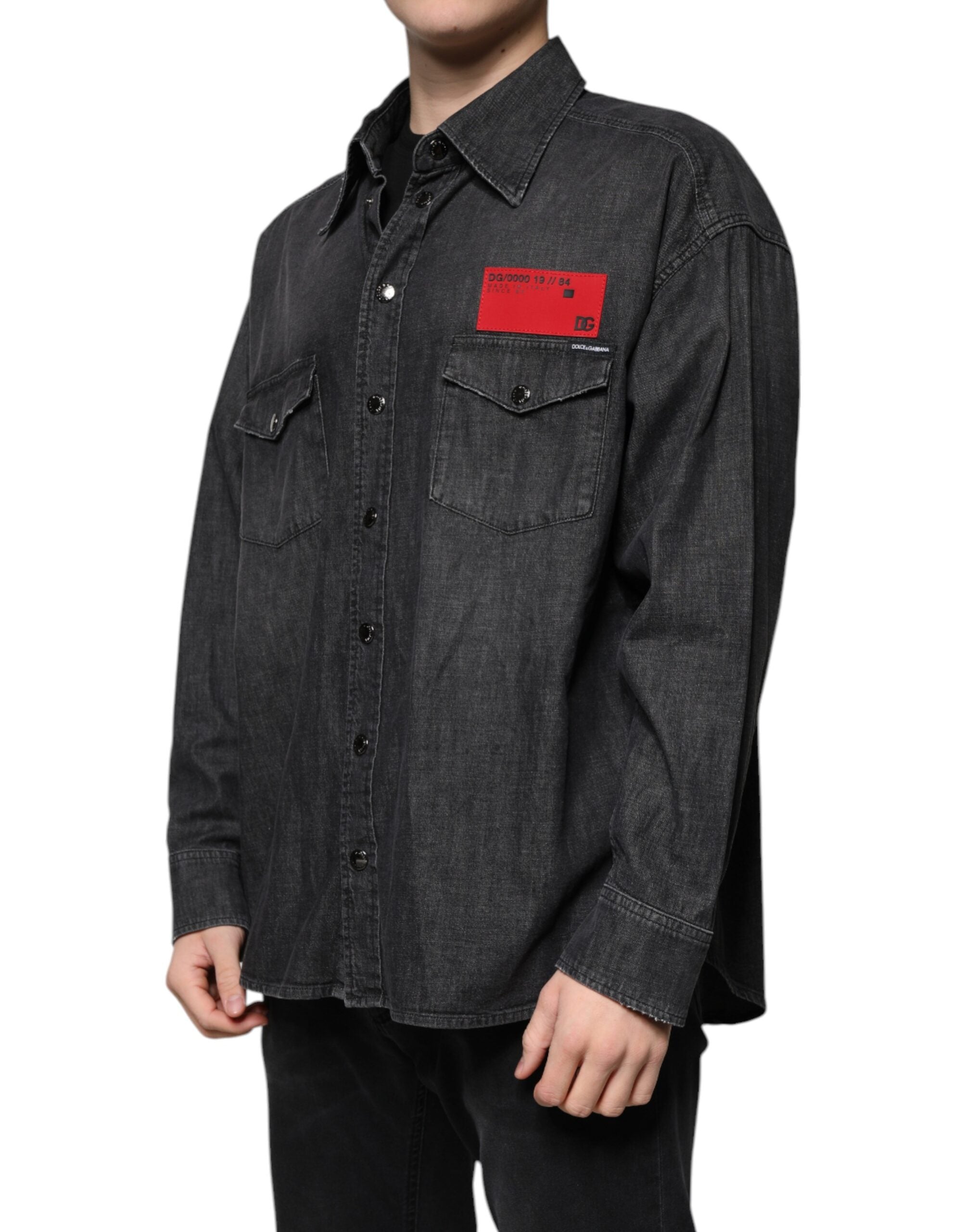 Dolce & Gabbana Black Logo Cotton Shirt with Denim Placket