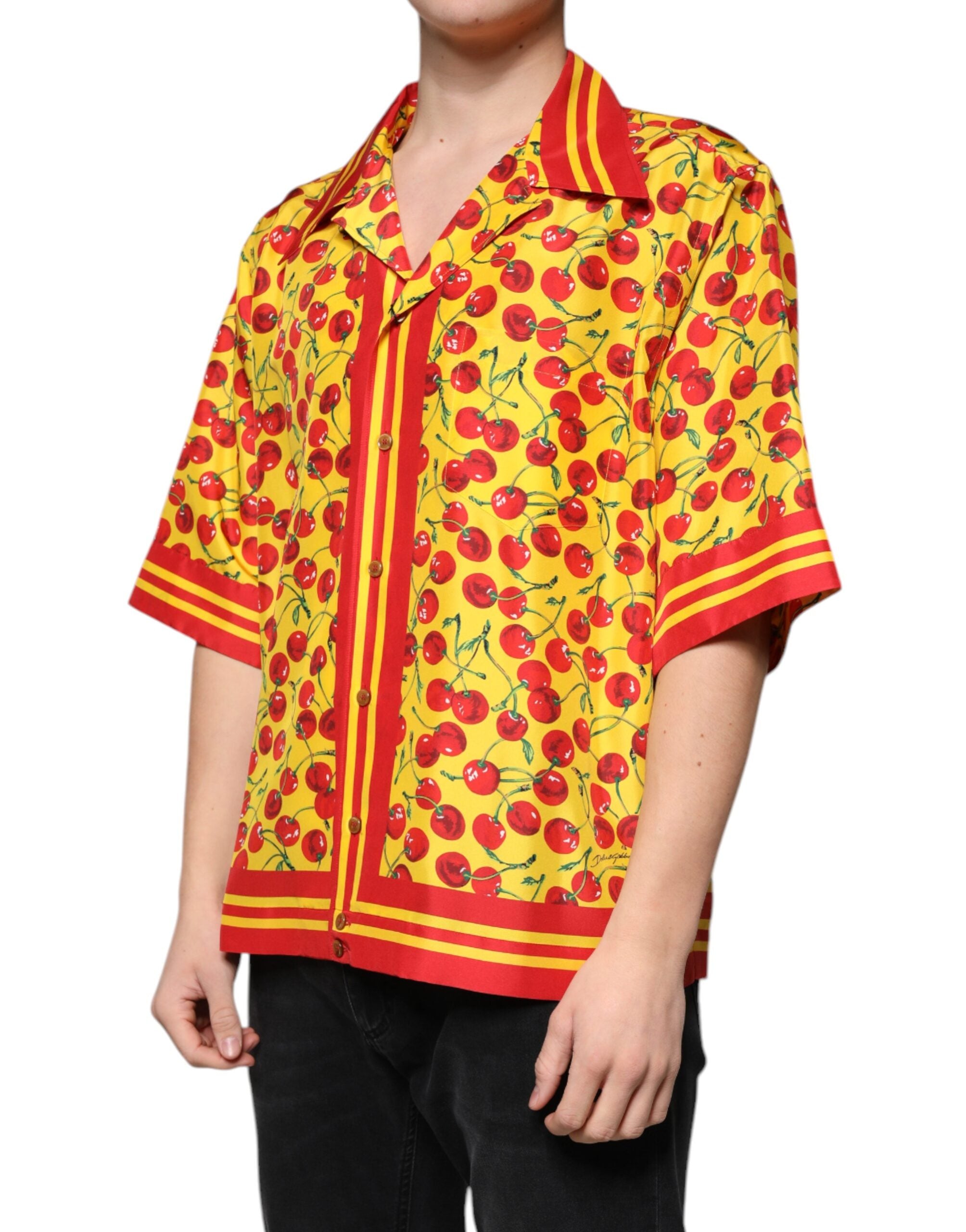 Dolce & Gabbana Gelbe Kirsche Button Down Seide Freizeithemd