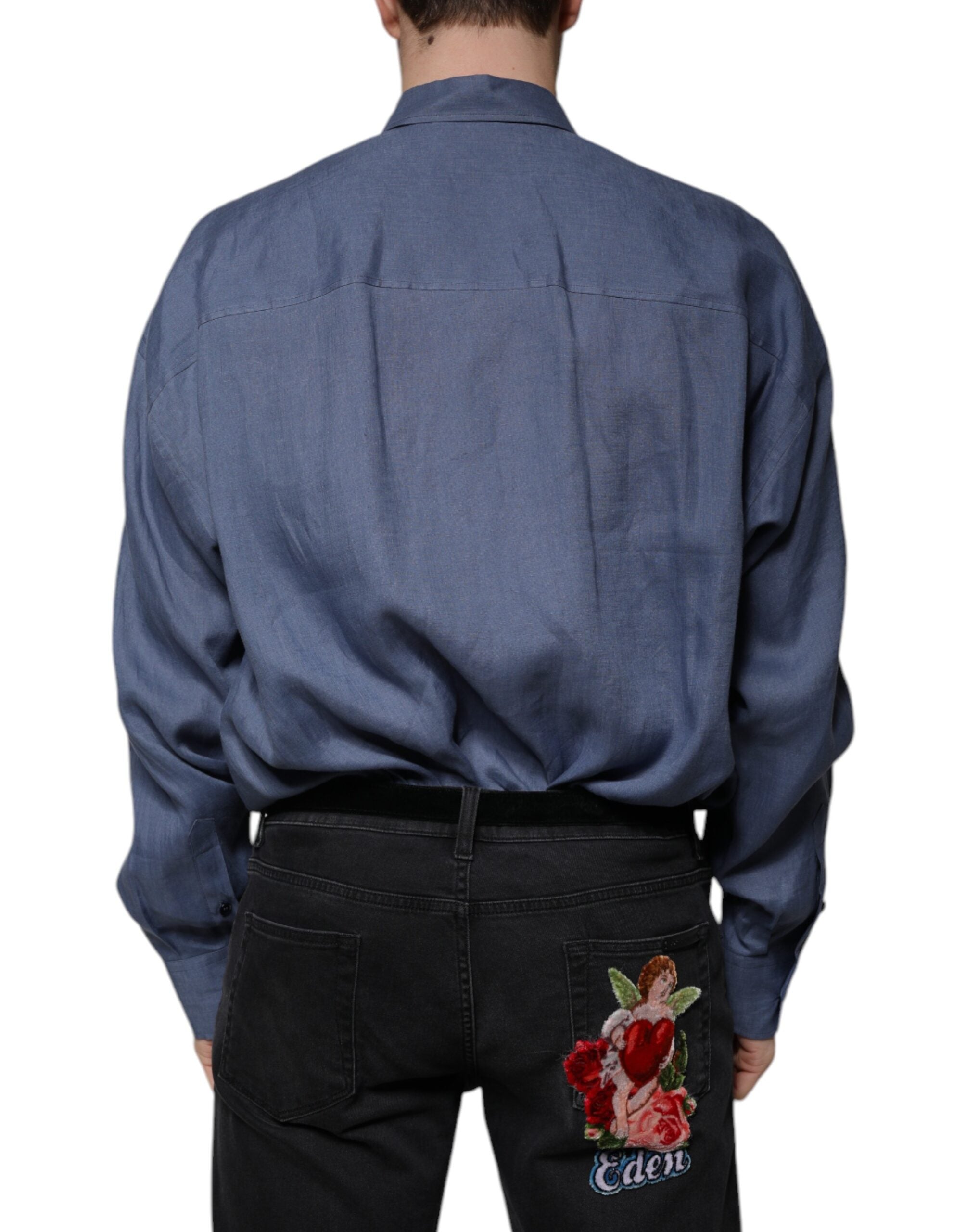 Dolce & Gabbana Blaues Logo Langarm-Button-Down Freizeithemd