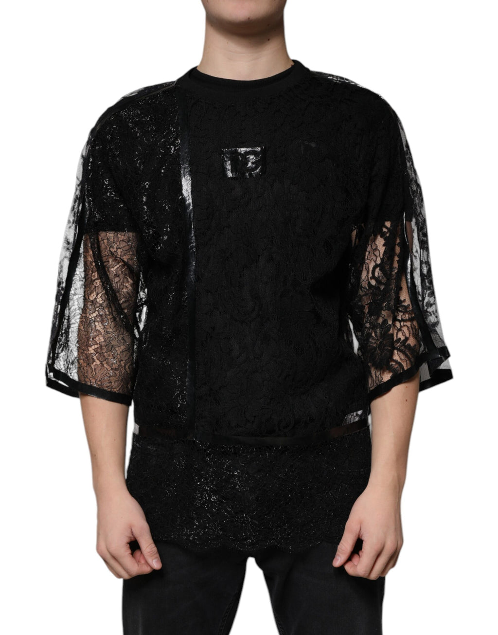 Dolce & Gabbana Black Nylon T-shirt with Floral Lace and Round Neck