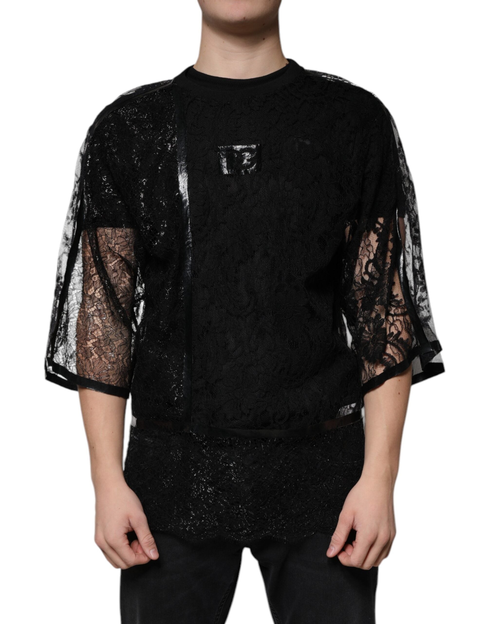Dolce & Gabbana Black Nylon T-shirt with Floral Lace and Round Neck