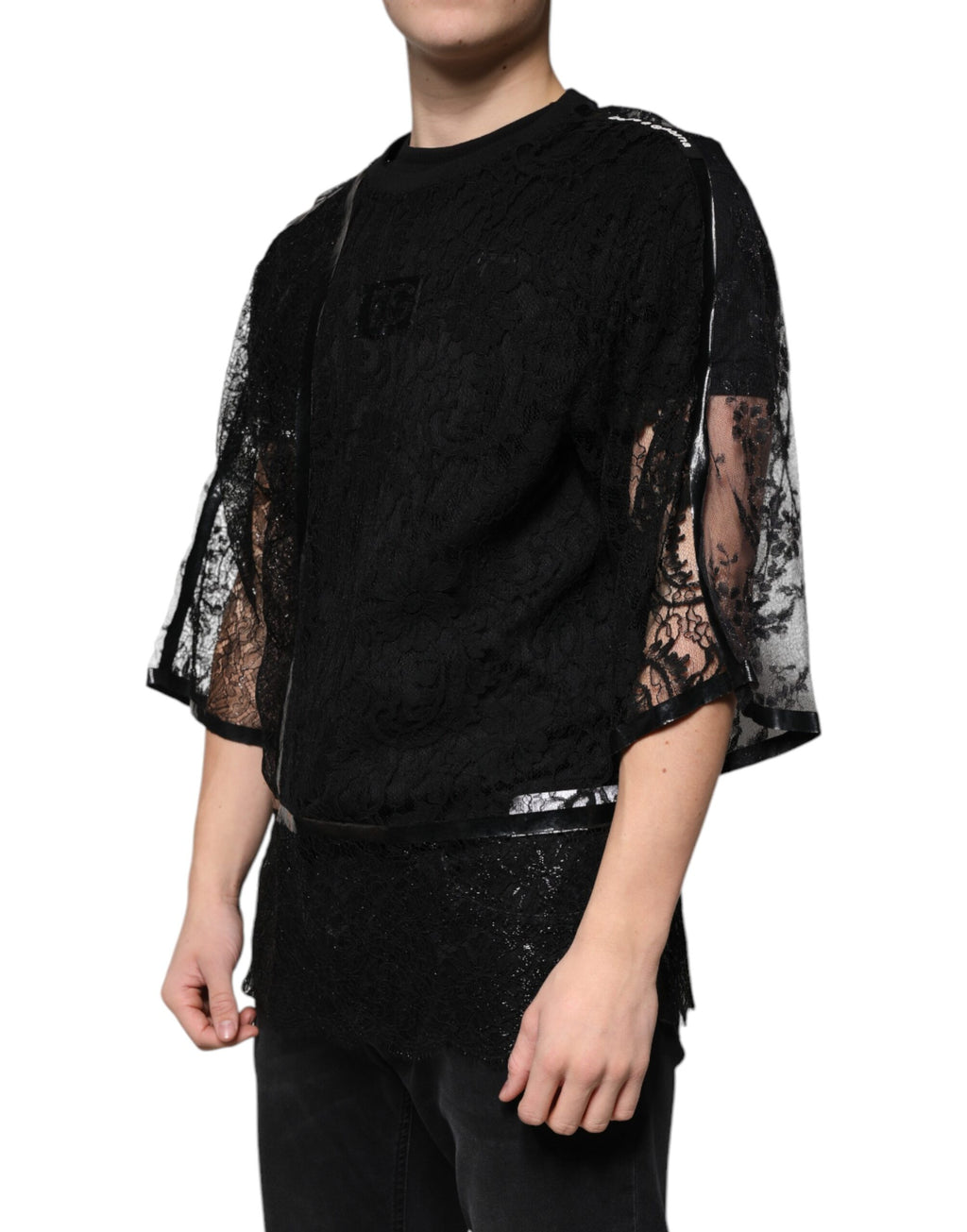 Dolce & Gabbana Black Nylon T-shirt with Floral Lace and Round Neck