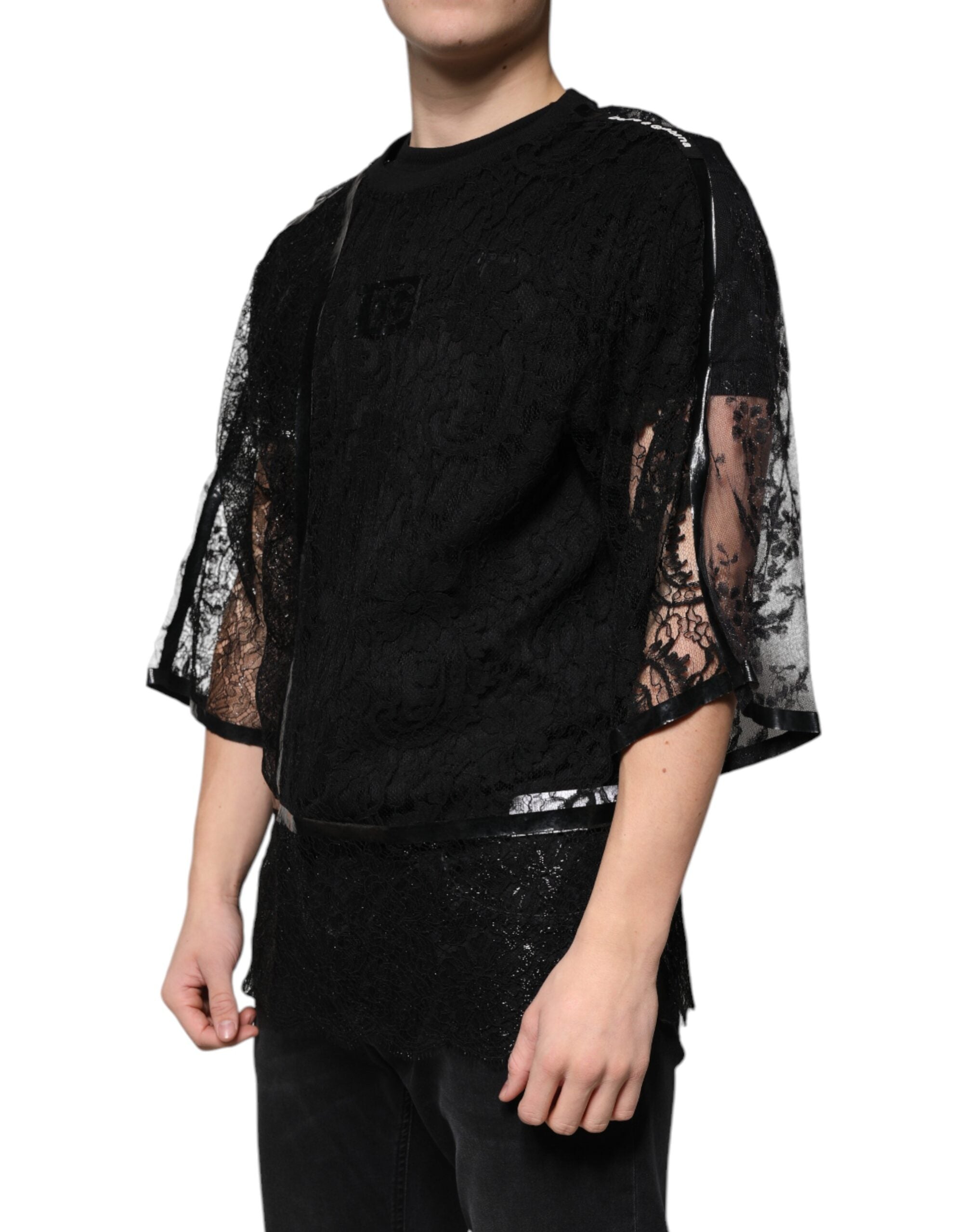 Dolce & Gabbana Black Nylon T-shirt with Floral Lace and Round Neck