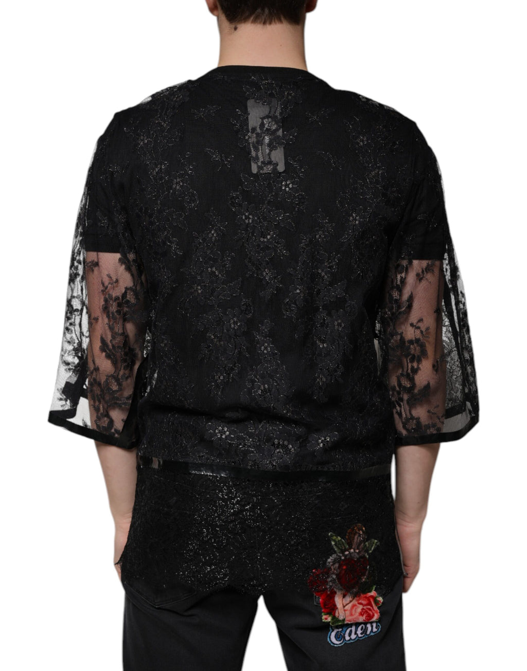 Dolce & Gabbana Black Nylon T-shirt with Floral Lace and Round Neck