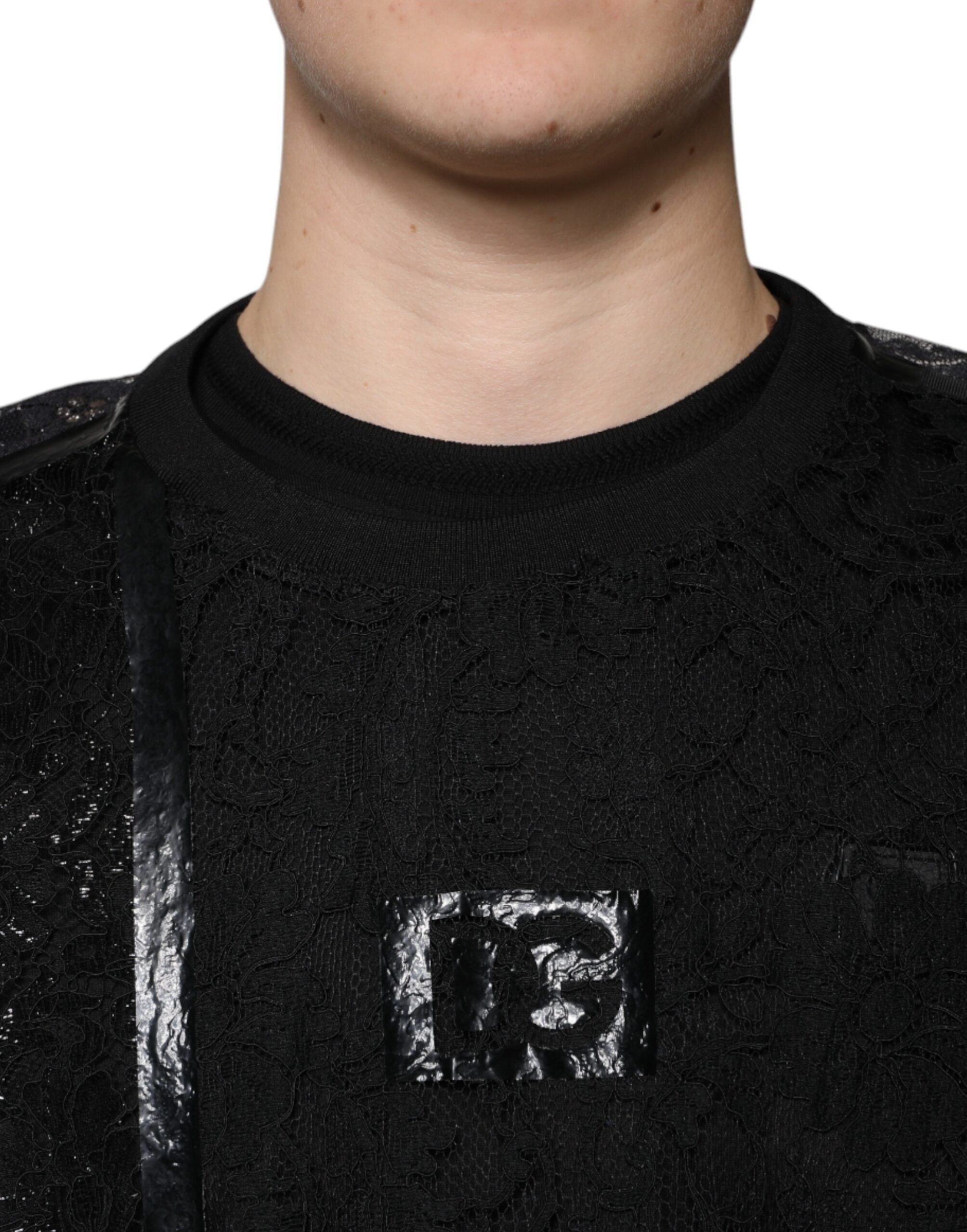 Dolce & Gabbana Black Nylon T-shirt with Floral Lace and Round Neck
