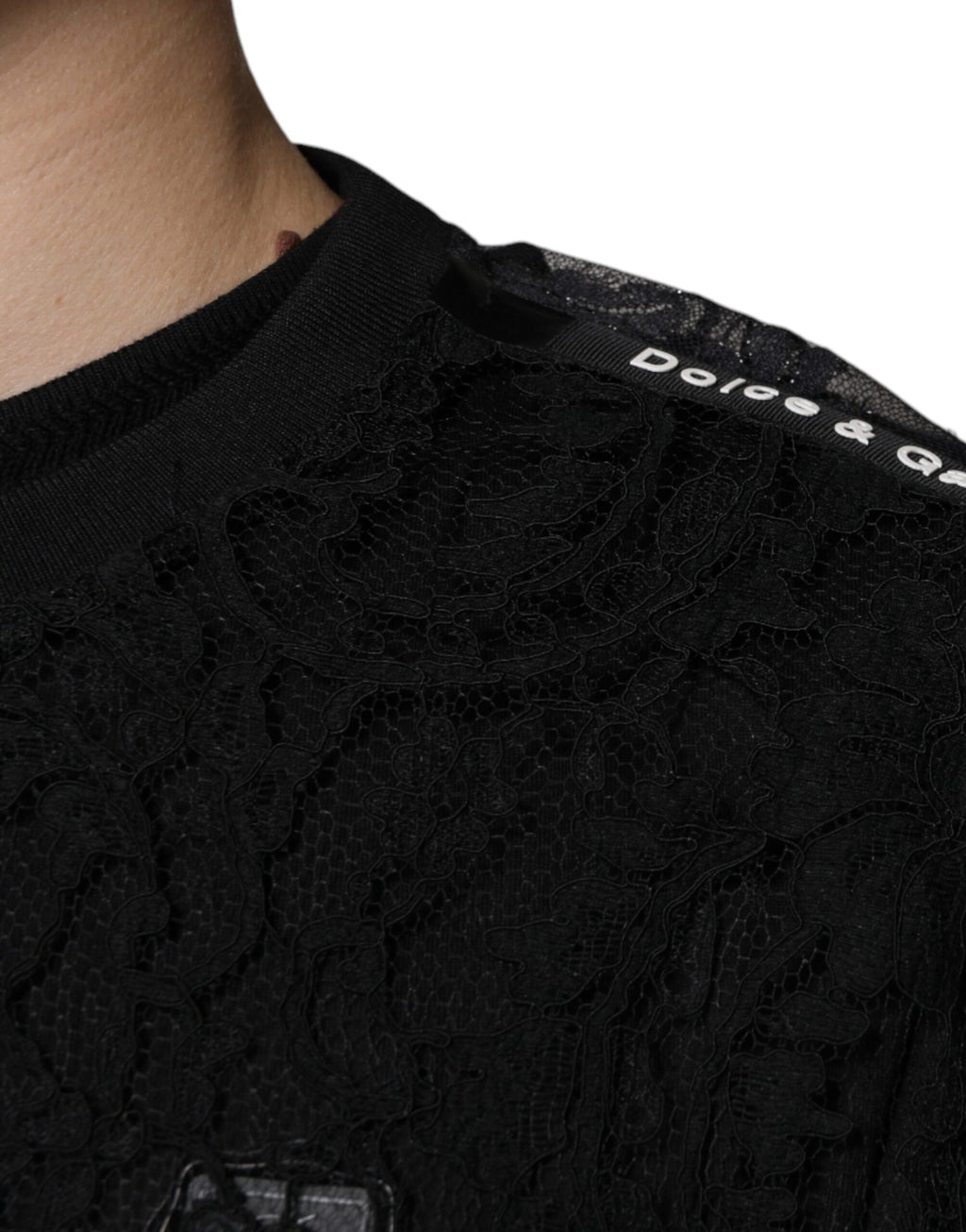 Dolce & Gabbana Black Nylon T-shirt with Floral Lace and Round Neck
