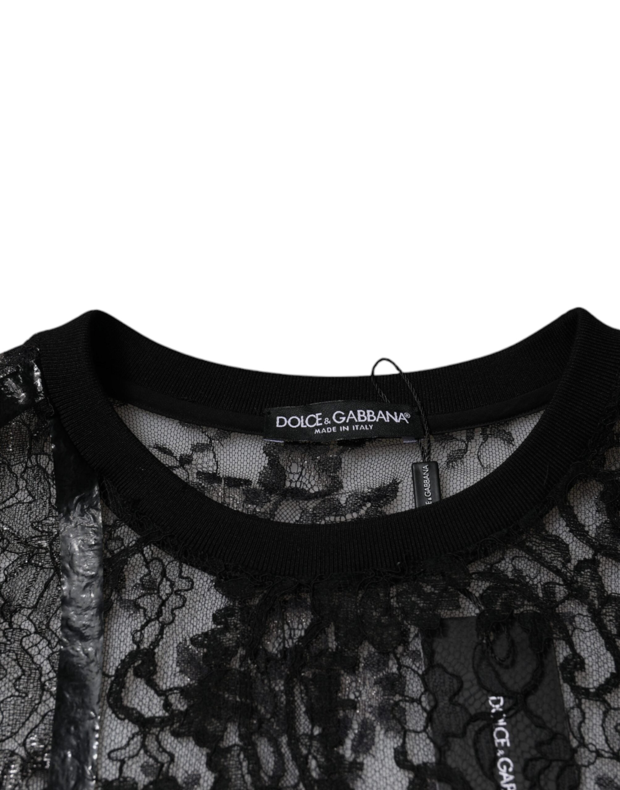 Dolce & Gabbana Black Nylon T-shirt with Floral Lace and Round Neck