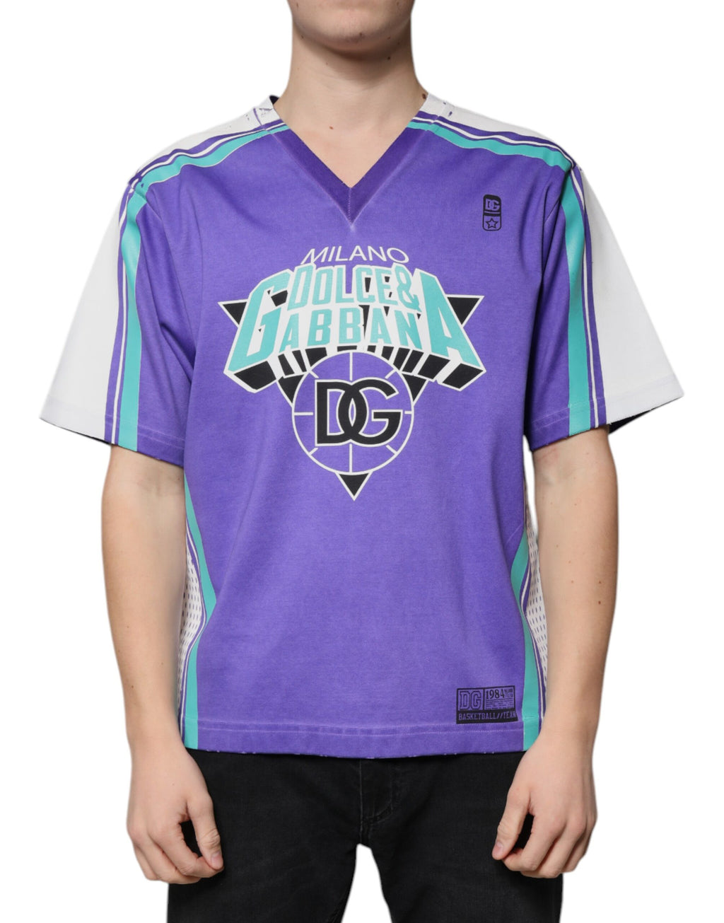 Dolce & Gabbana Purple Logo Cotton V-Neck Jersey T-Shirt
