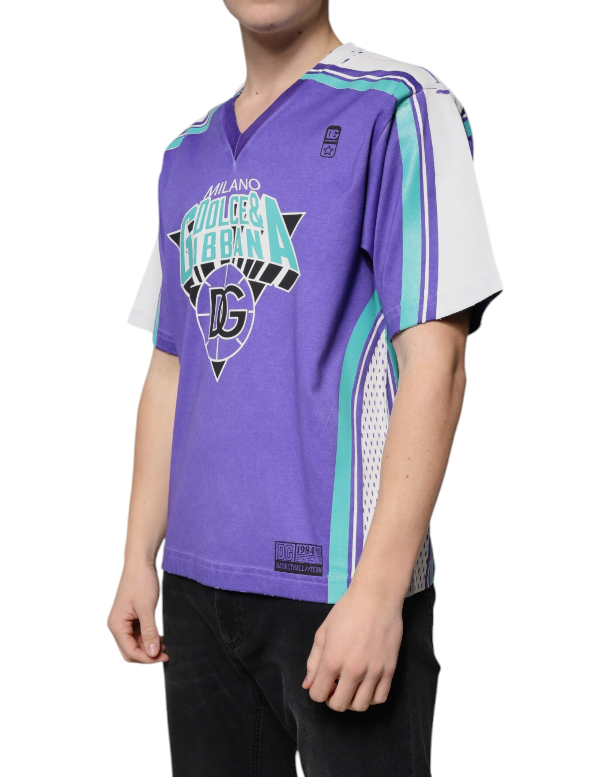 Dolce & Gabbana Purple Logo Cotton V-Neck Jersey T-Shirt