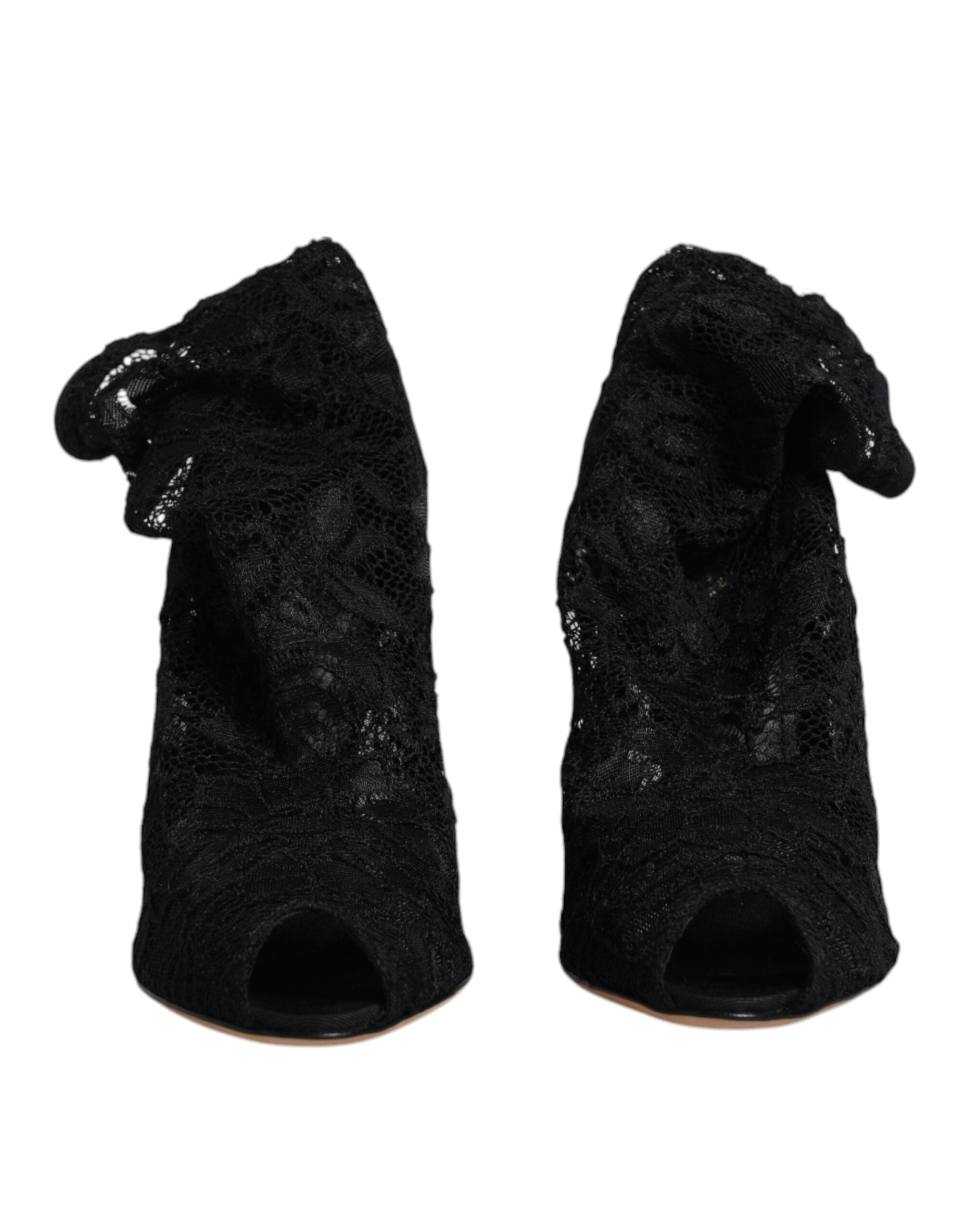 Dolce & Gabbana Black Lace Stretch Heels Mid-Calf Boots Shoes