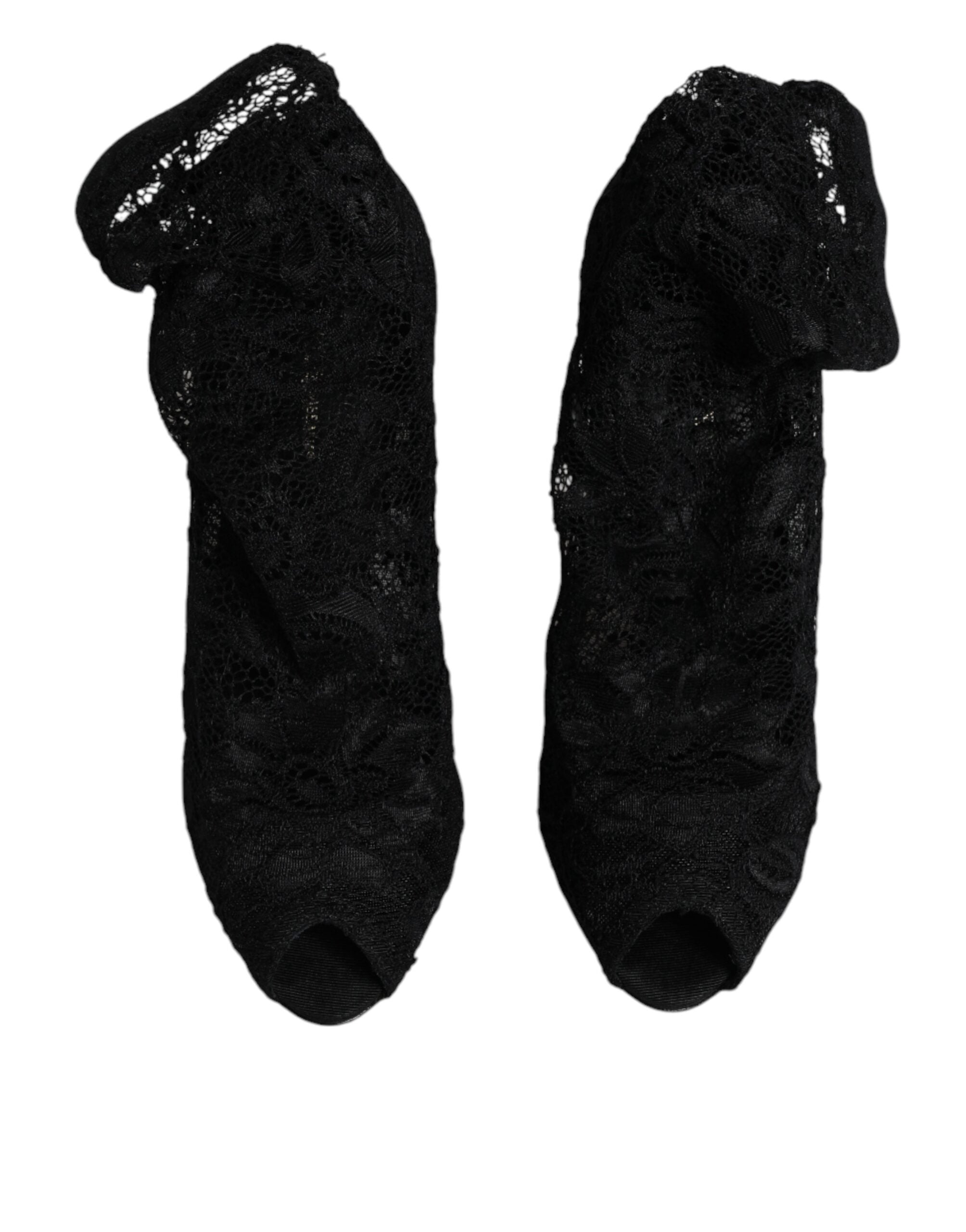 Dolce & Gabbana Black Lace Stretch Heels Mid-Calf Boots Shoes