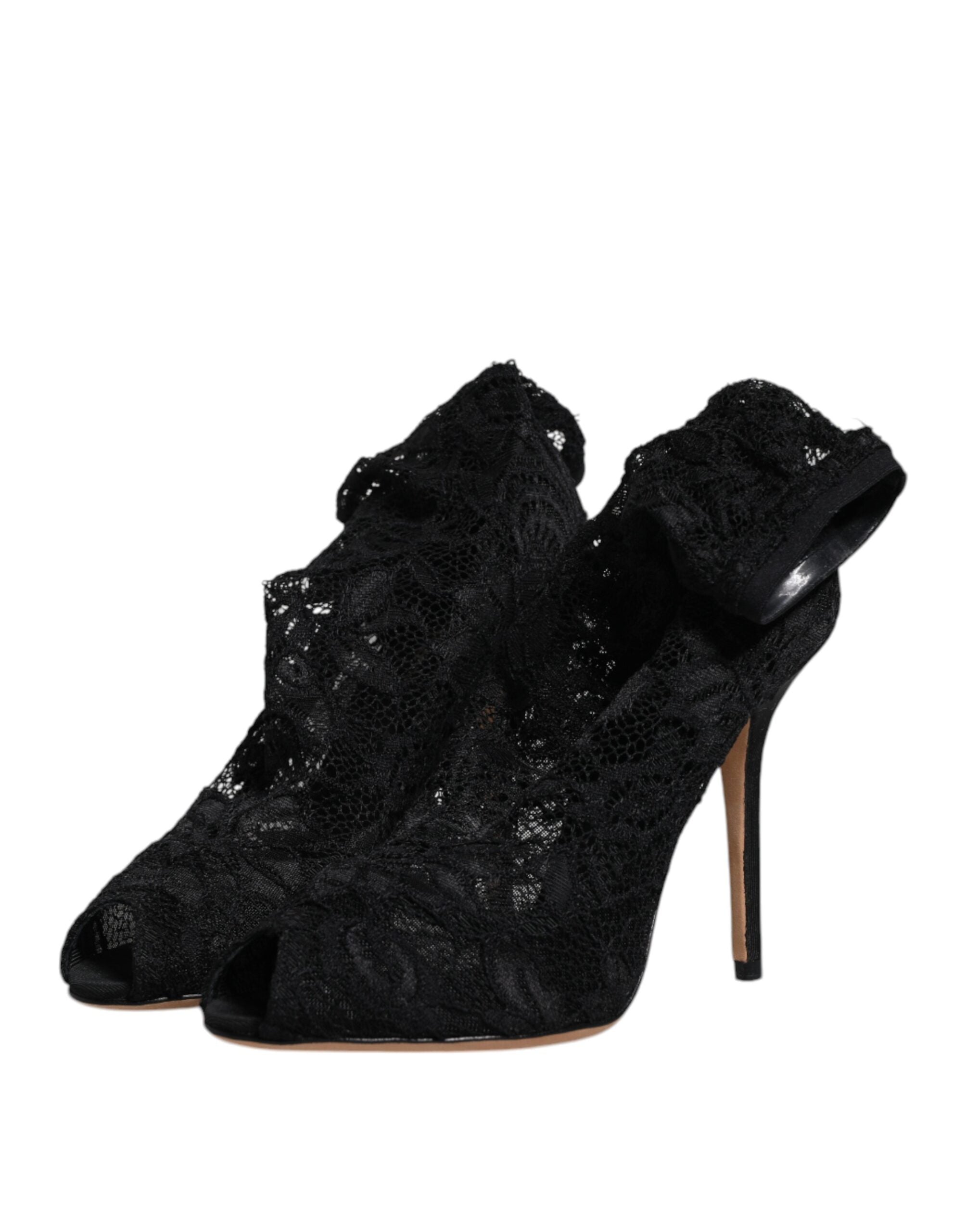 Dolce & Gabbana Black Lace Stretch Heels Mid-Calf Boots Shoes