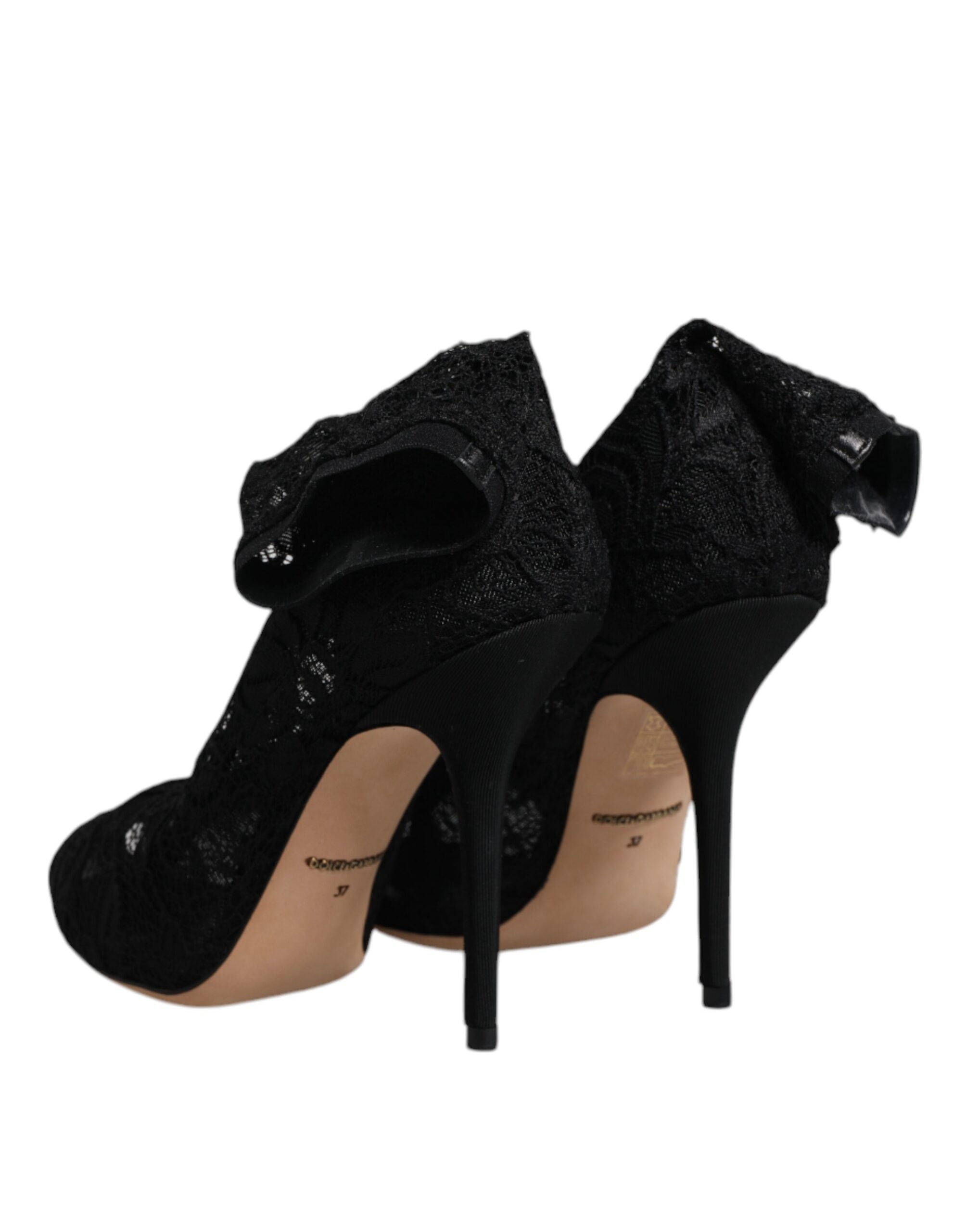 Dolce & Gabbana Black Lace Stretch Heels Mid-Calf Boots Shoes