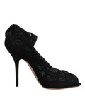 Dolce & Gabbana Black Lace Stretch Heels Mid-Calf Boots Shoes