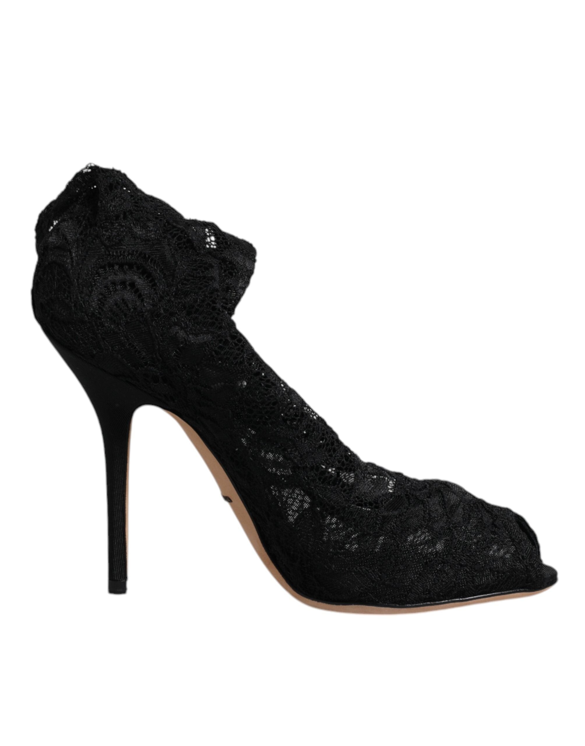 Dolce & Gabbana Black Lace Stretch Heels Mid-Calf Boots Shoes
