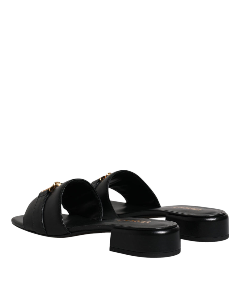 Versace Schwarz Leder Logo Plaque Slip On Slides Flats Schuhe