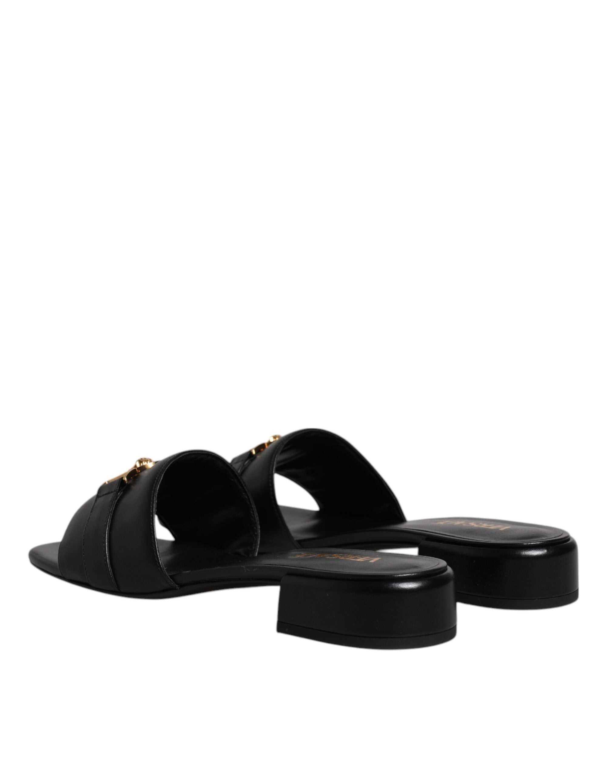Versace Schwarz Leder Logo Plaque Slip On Slides Flats Schuhe