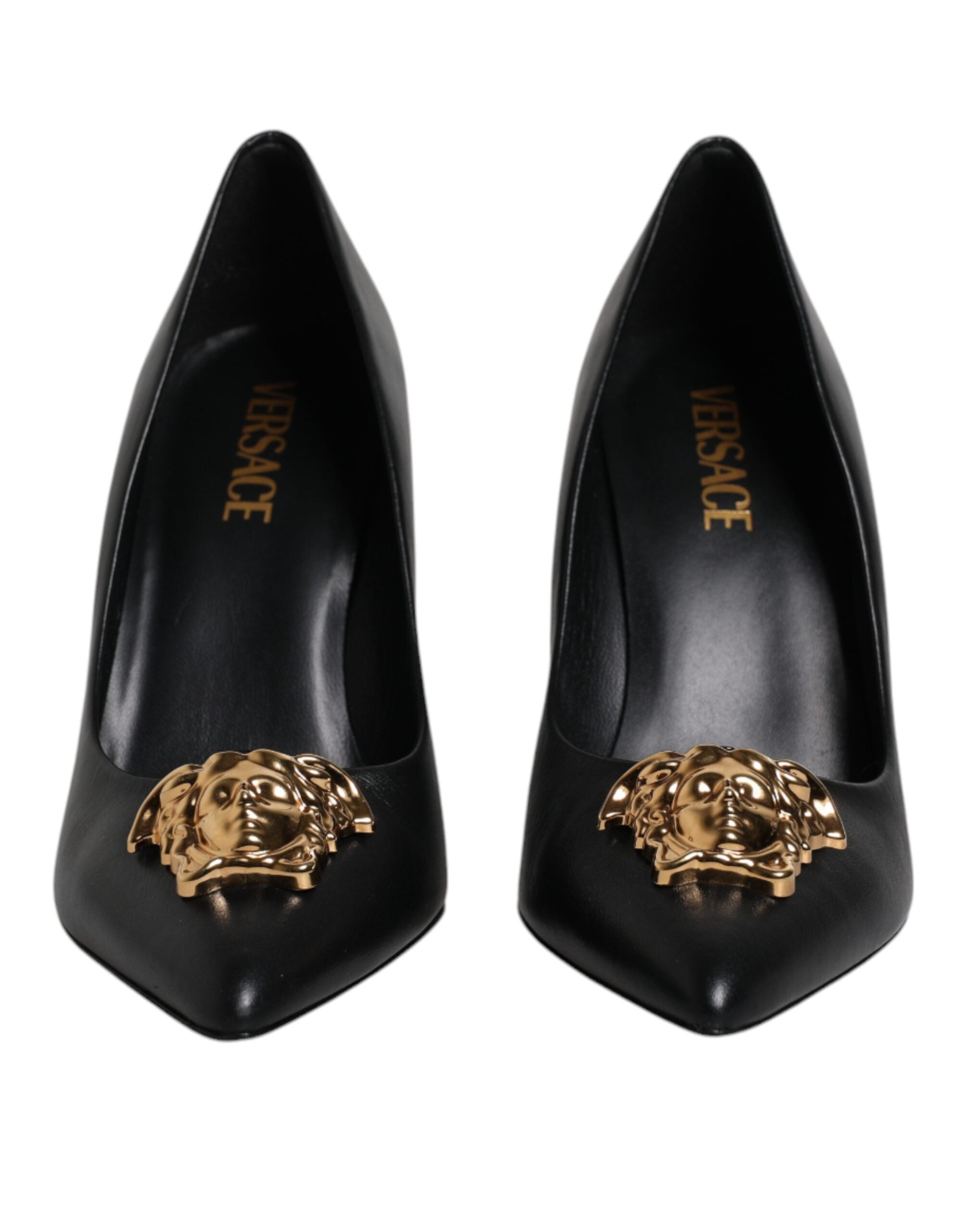 Versace Schwarz Leder Logo Plaque High Heels Pumps Schuhe