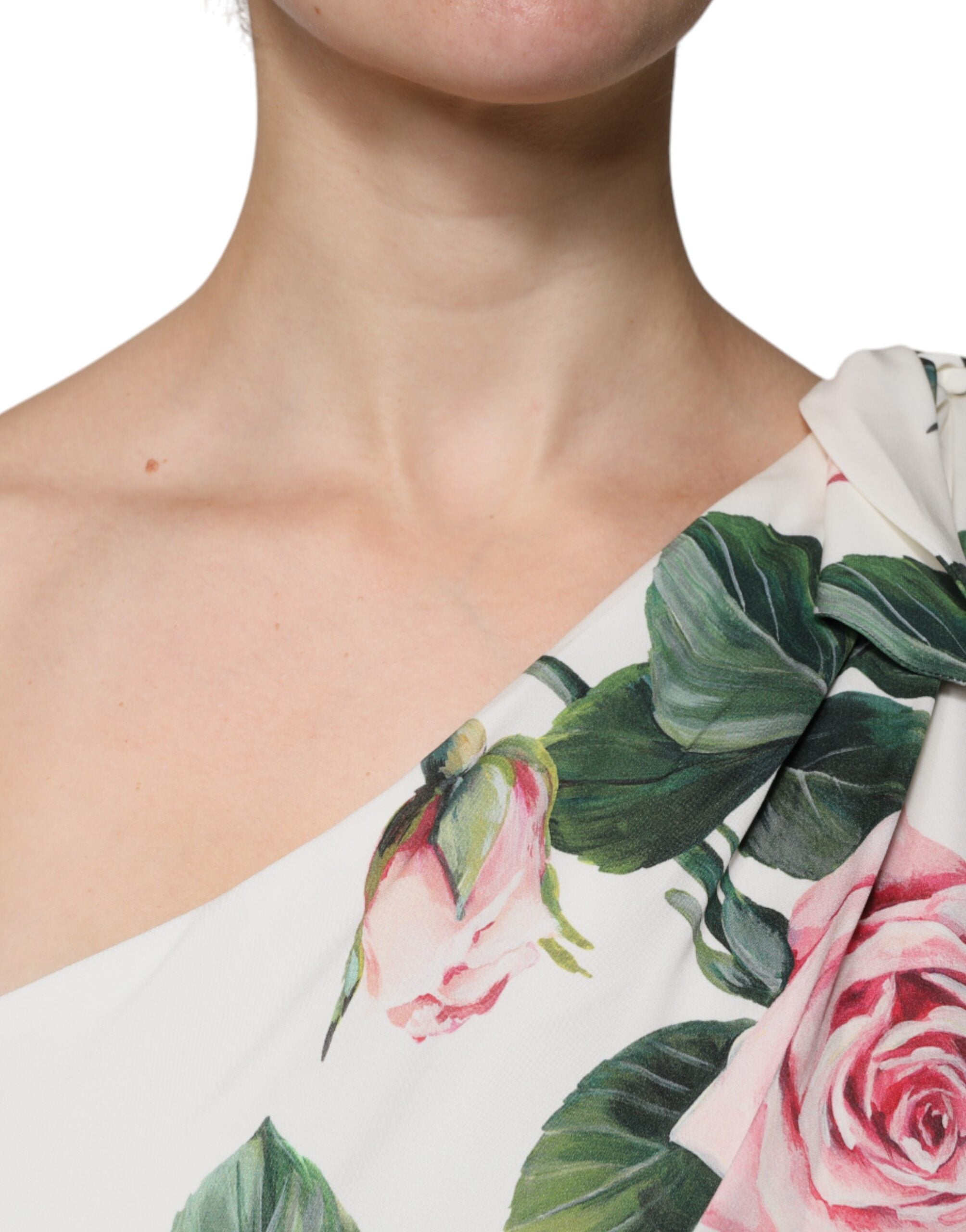 Dolce & Gabbana Weißes geblümtes Midikleid aus Seide mit einer Schulter